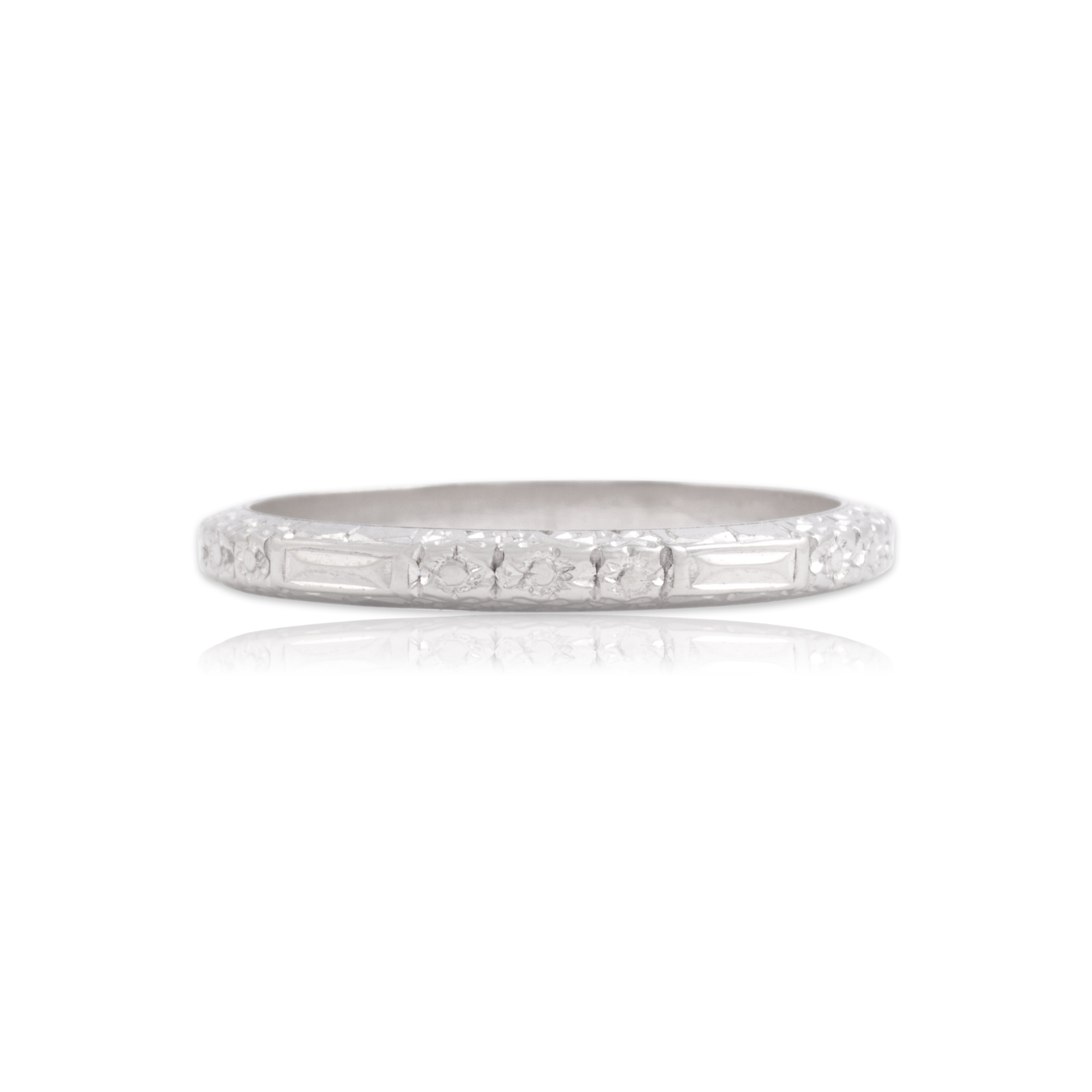 Antique 18k White Gold Intricate Engraved Eternity Band Ring - Close-up view
