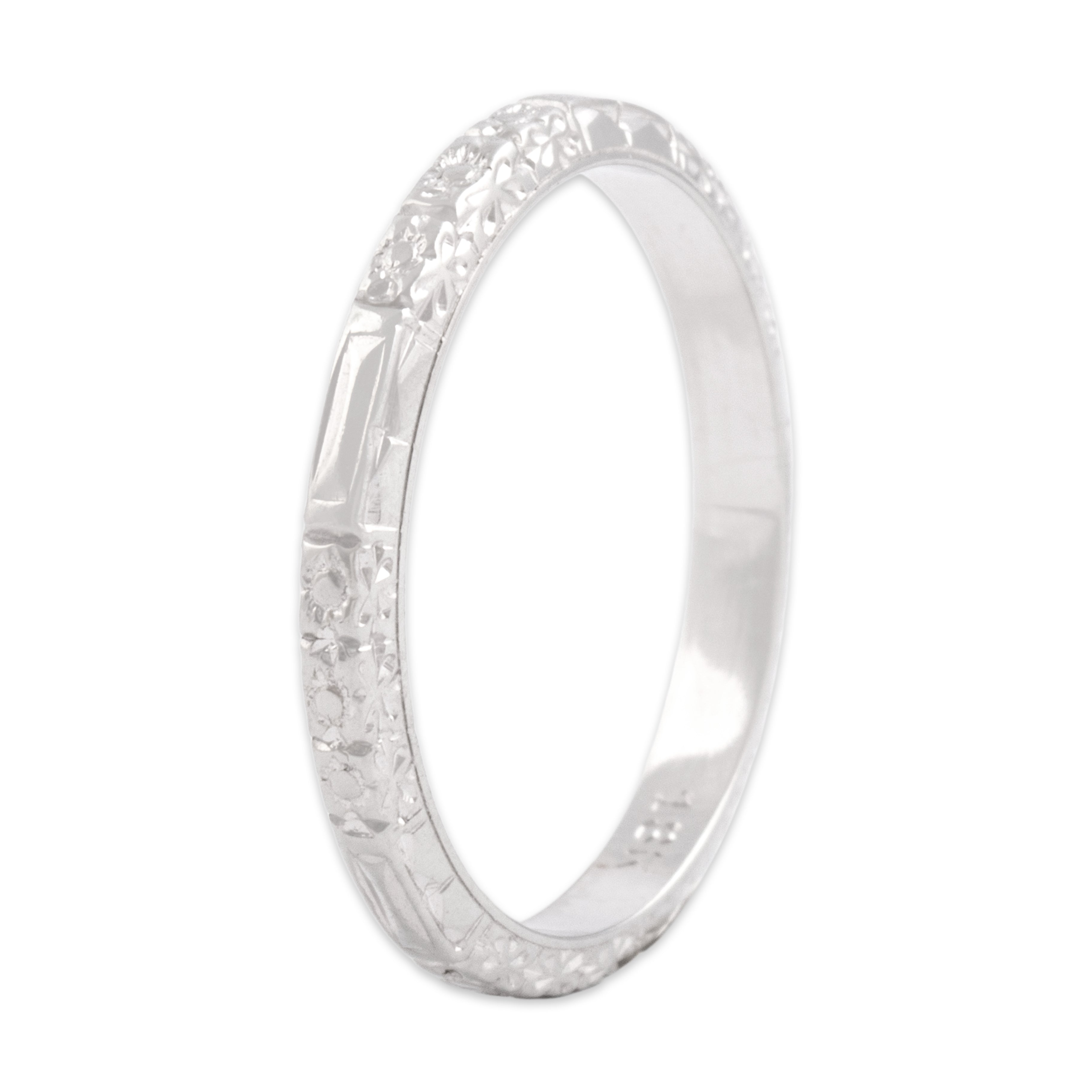 Antique 18k White Gold Intricate Engraved Eternity Band Ring - Overall view