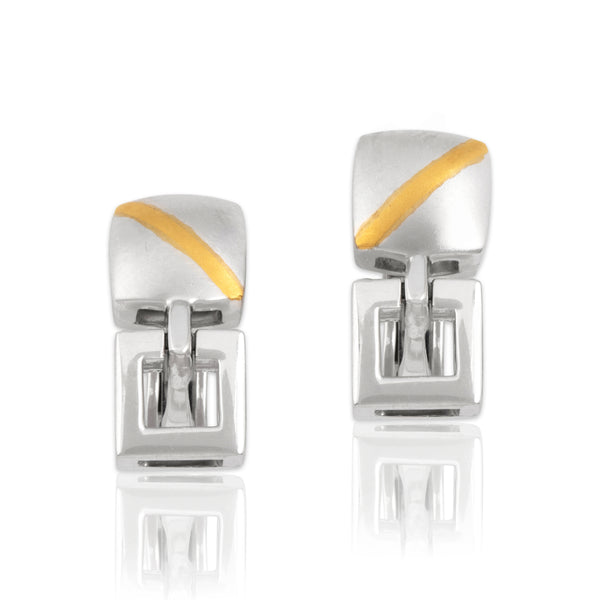 Vintage 18k White & Yellow Gold Geometric Dual Finish Omega Back Earrings