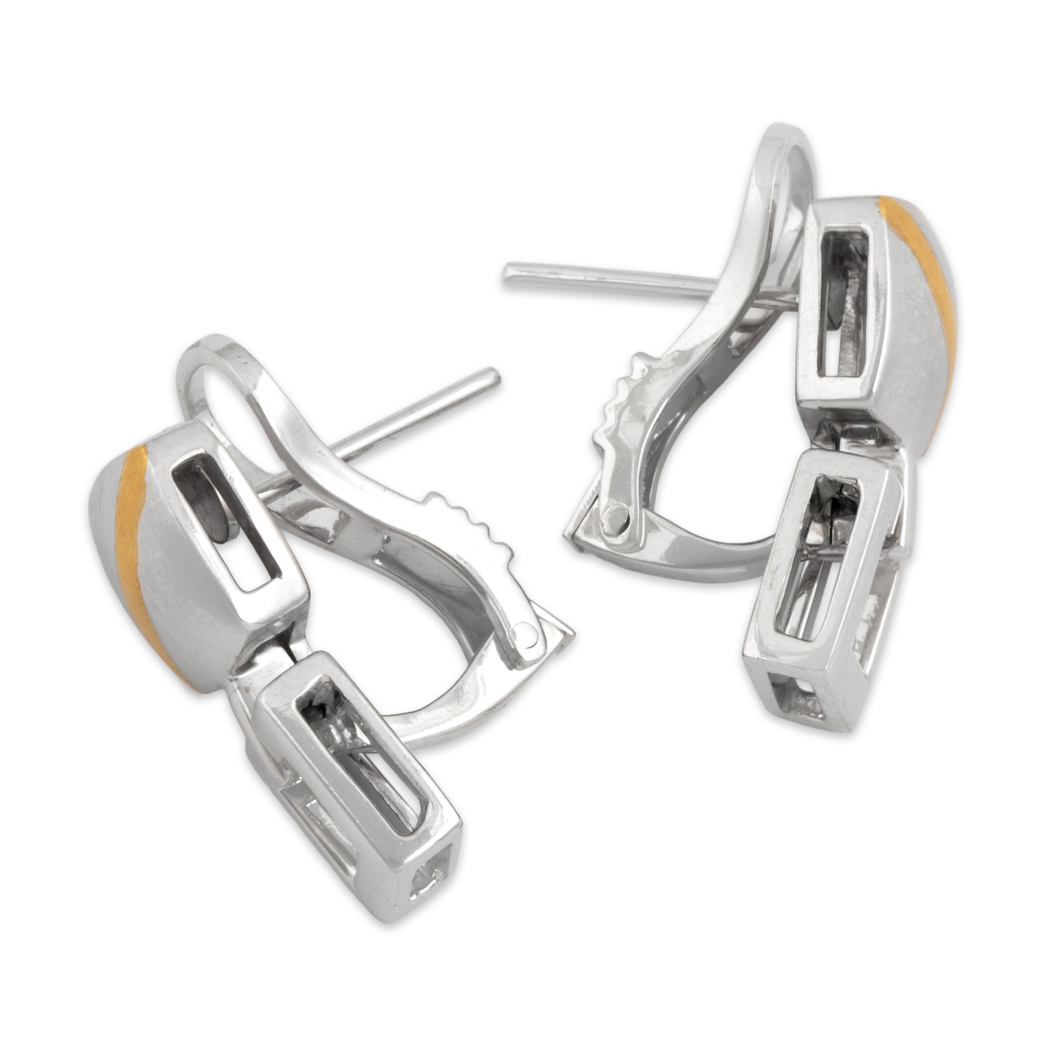 Vintage 18k White & Yellow Gold Geometric Dual Finish Omega Back Earrings - Side view