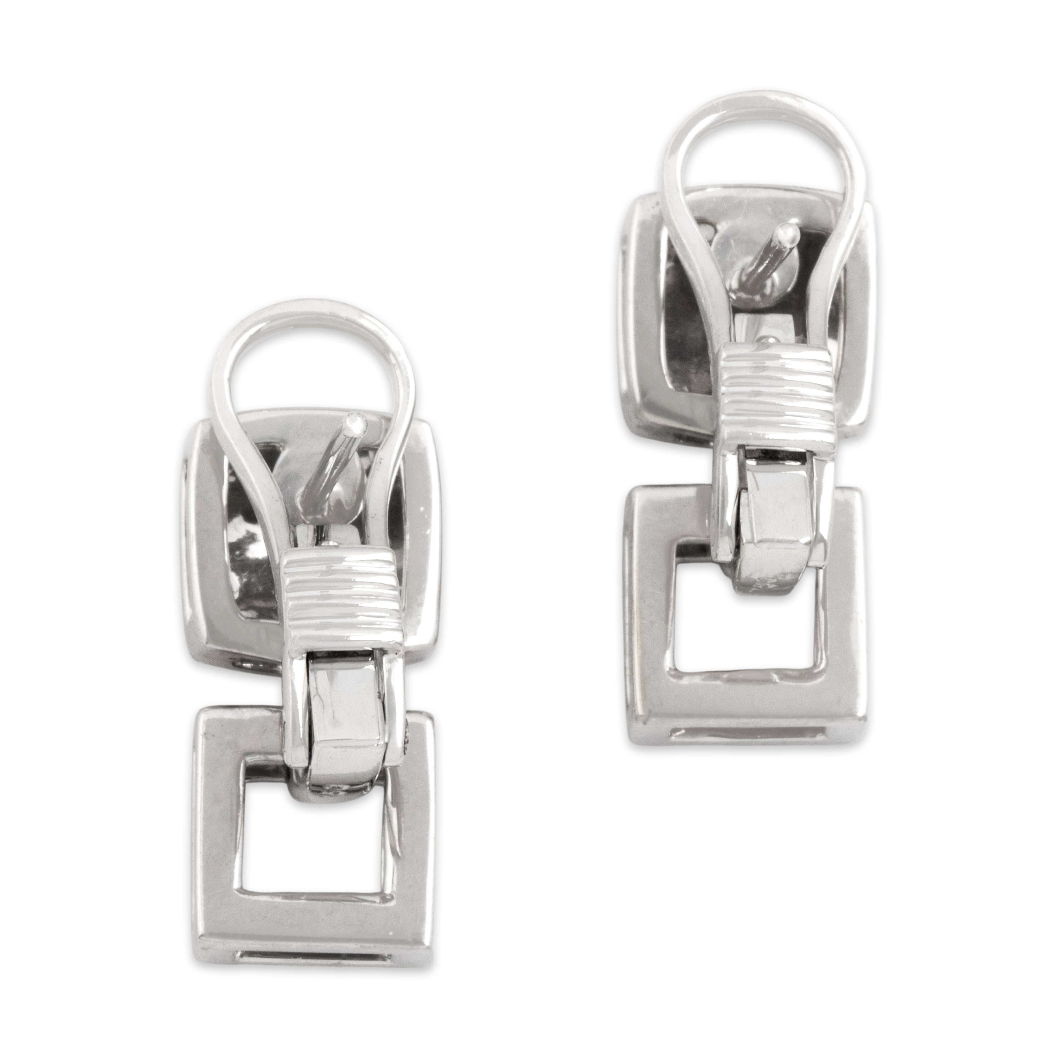 Vintage 18k White & Yellow Gold Geometric Dual Finish Omega Back Earrings - Back view
