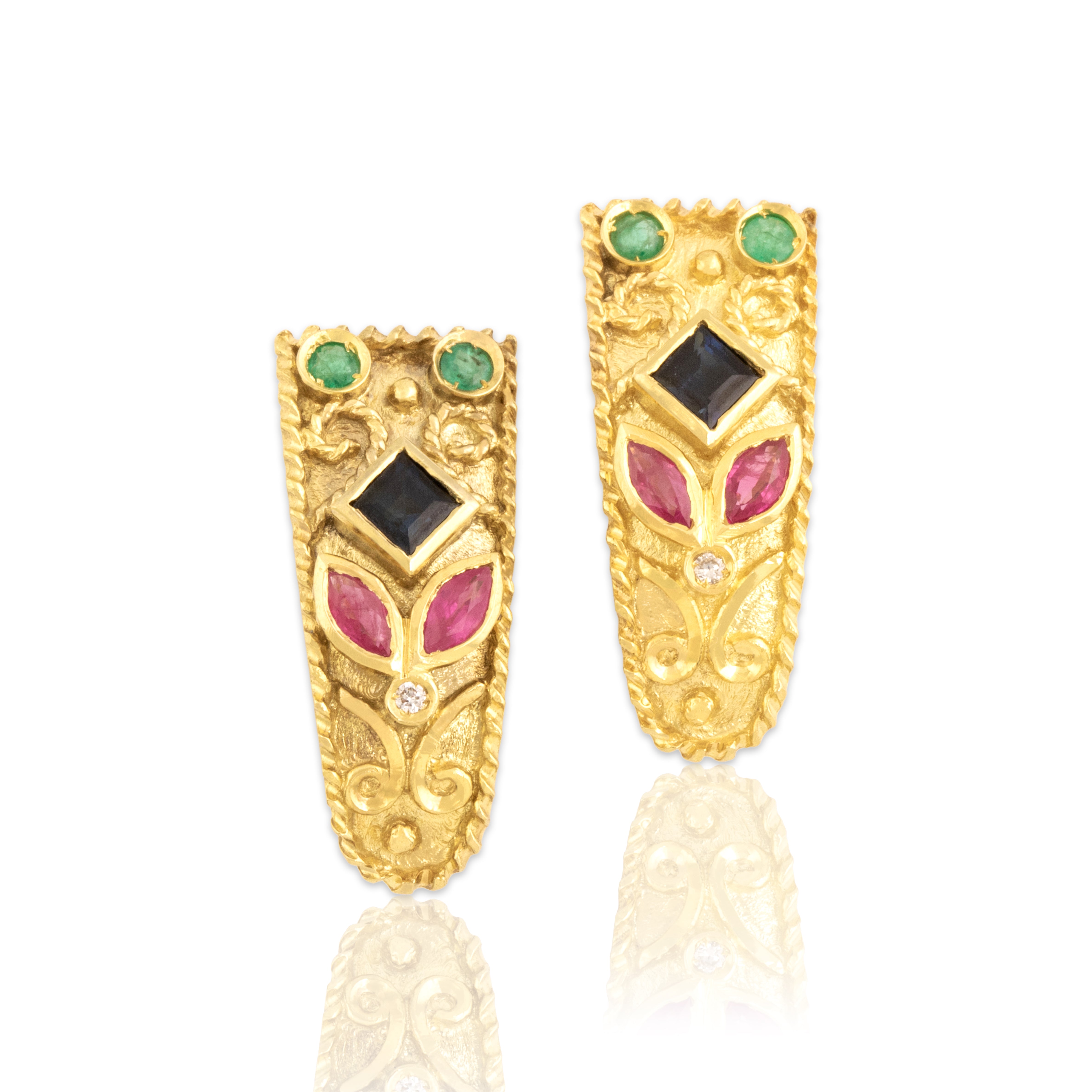 Vintage 18k Yellow Gold Blue Sapphire Ruby Emerald Diamond Ornate Rope-Detail Omega-Back Earrings - Close-up view
