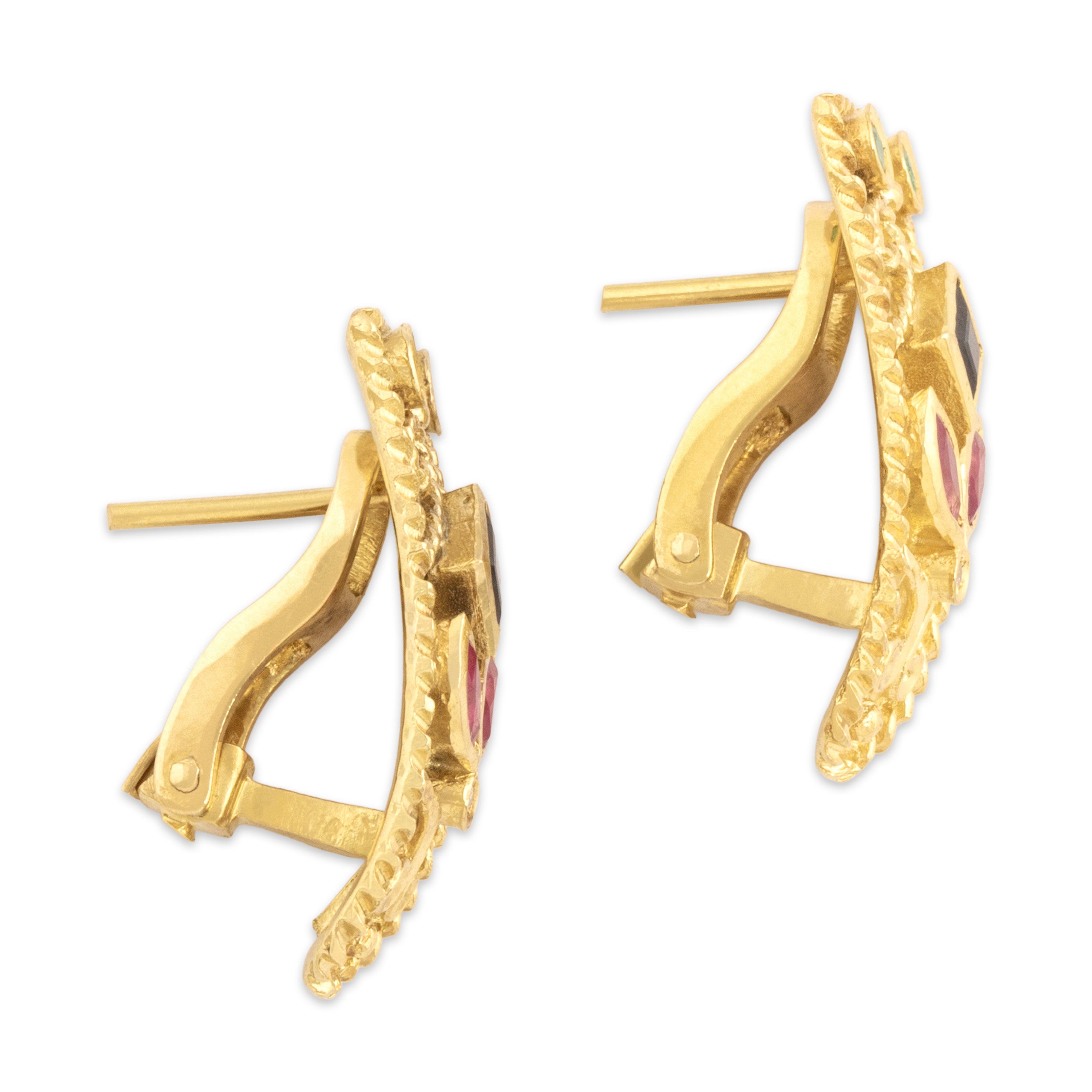 Vintage 18k Yellow Gold Blue Sapphire Ruby Emerald Diamond Ornate Rope-Detail Omega-Back Earrings - Side view