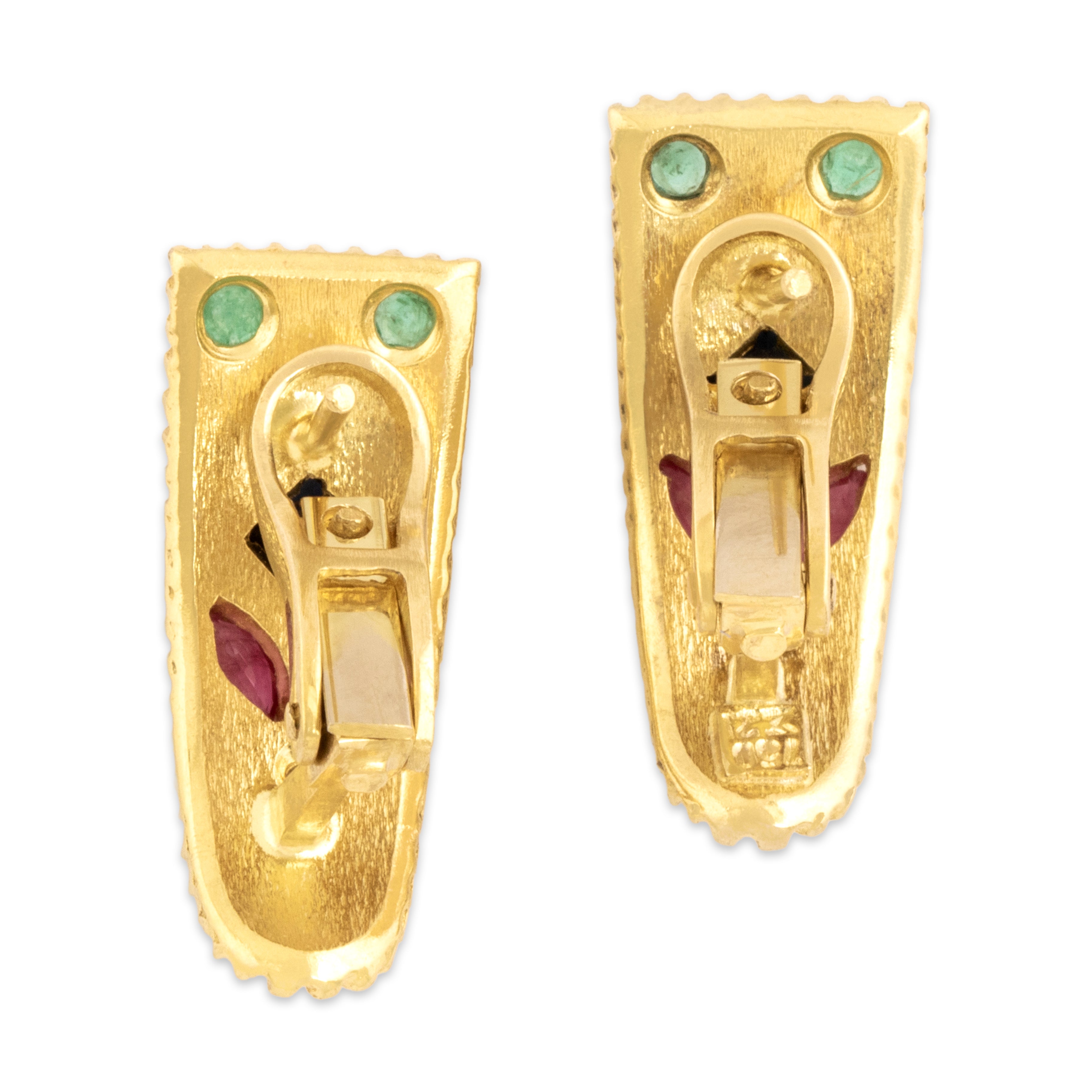 Vintage 18k Yellow Gold Blue Sapphire Ruby Emerald Diamond Ornate Rope-Detail Omega-Back Earrings - Back view