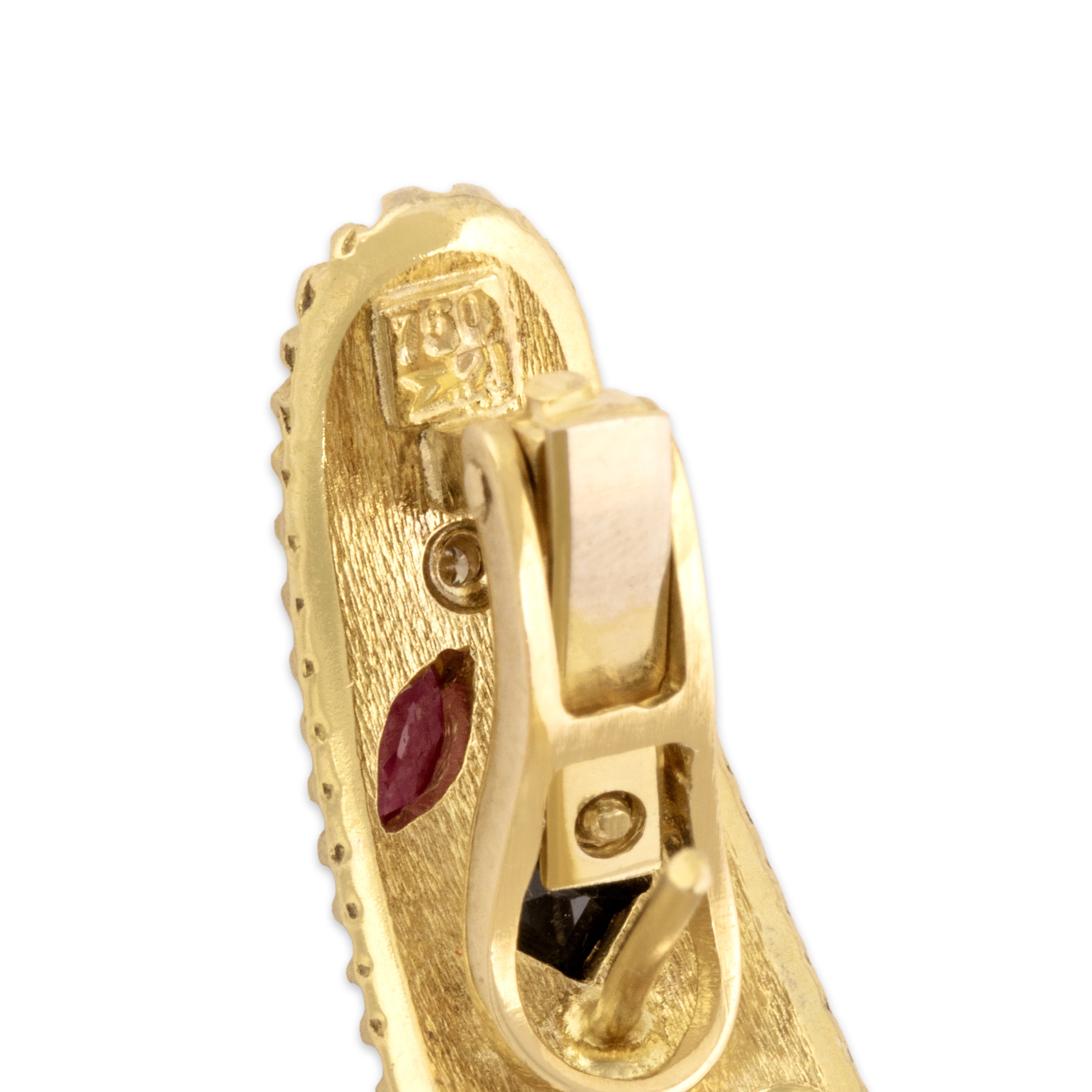 Vintage 18k Yellow Gold Blue Sapphire Ruby Emerald Diamond Ornate Rope-Detail Omega-Back Earrings - Hallmark view
