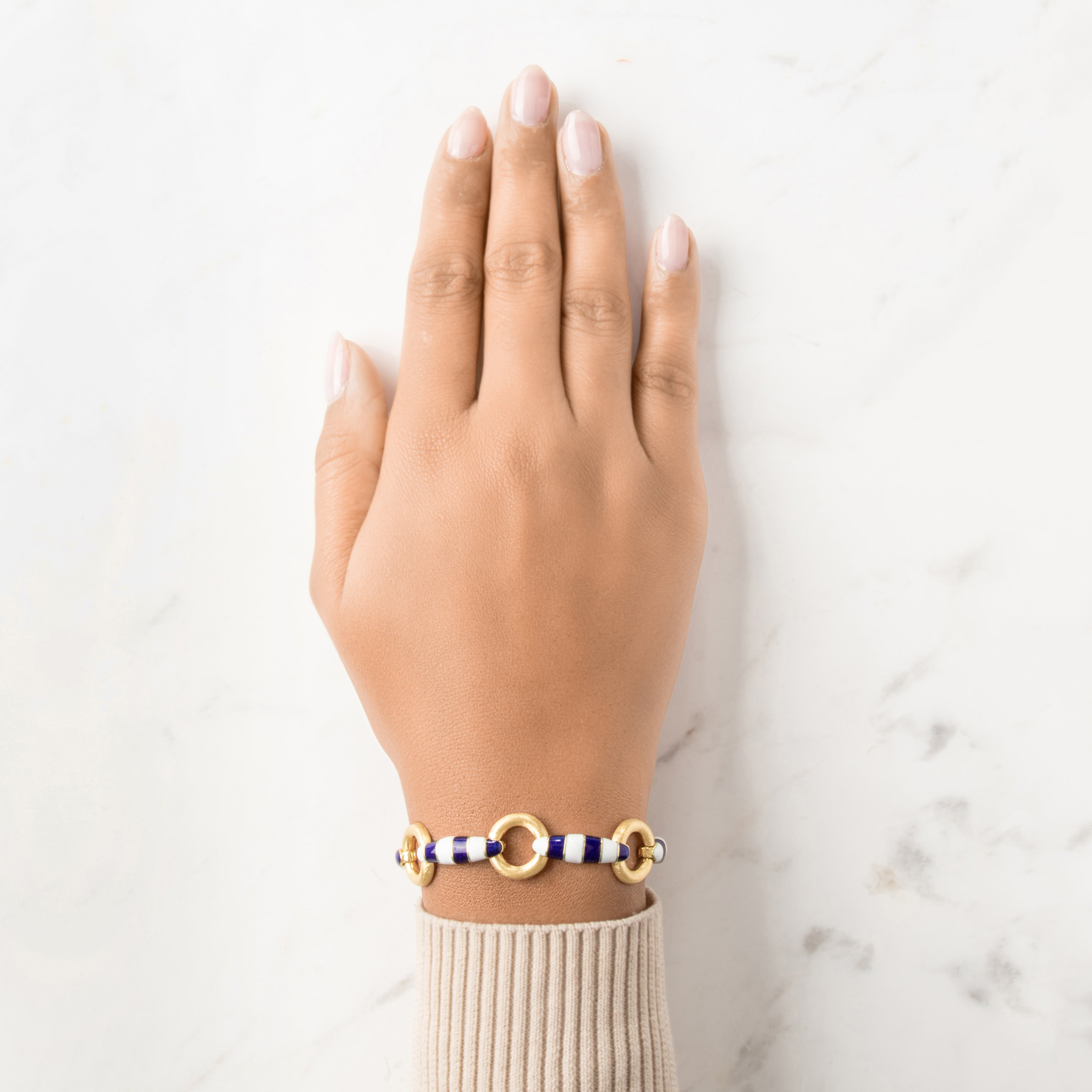 Vintage Italian Substantial 18k Yellow Gold Brushed Link Nautical Enamel Bracelet - On model view