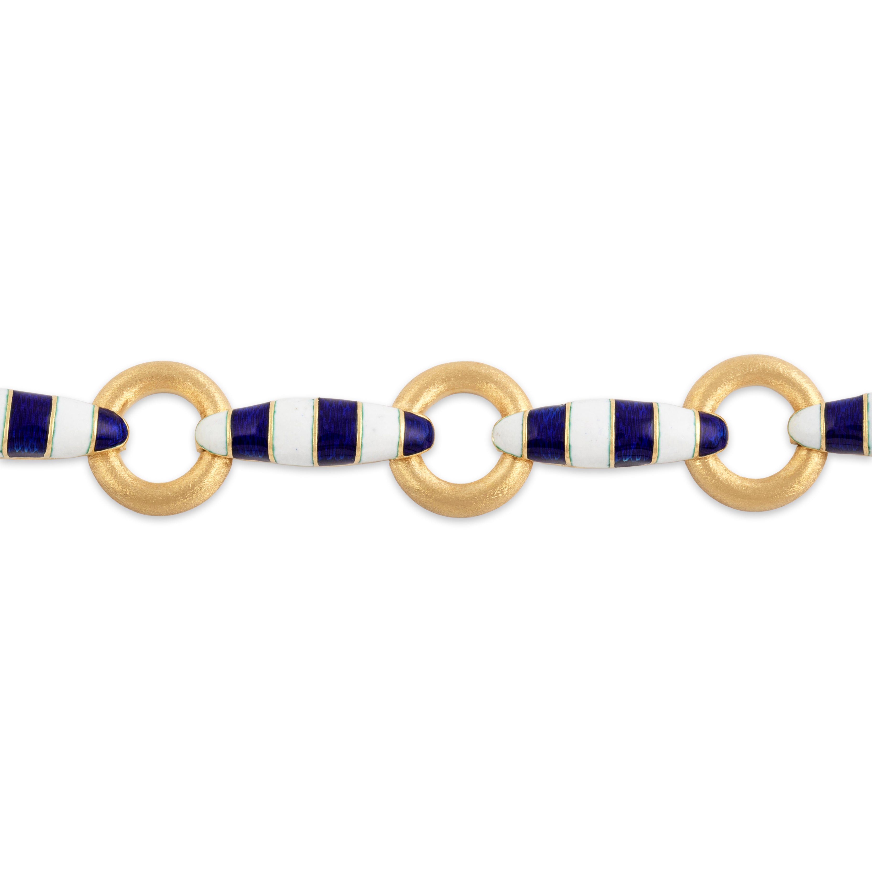 Vintage Italian Substantial 18k Yellow Gold Brushed Link Nautical Enamel Bracelet - Close-up view
