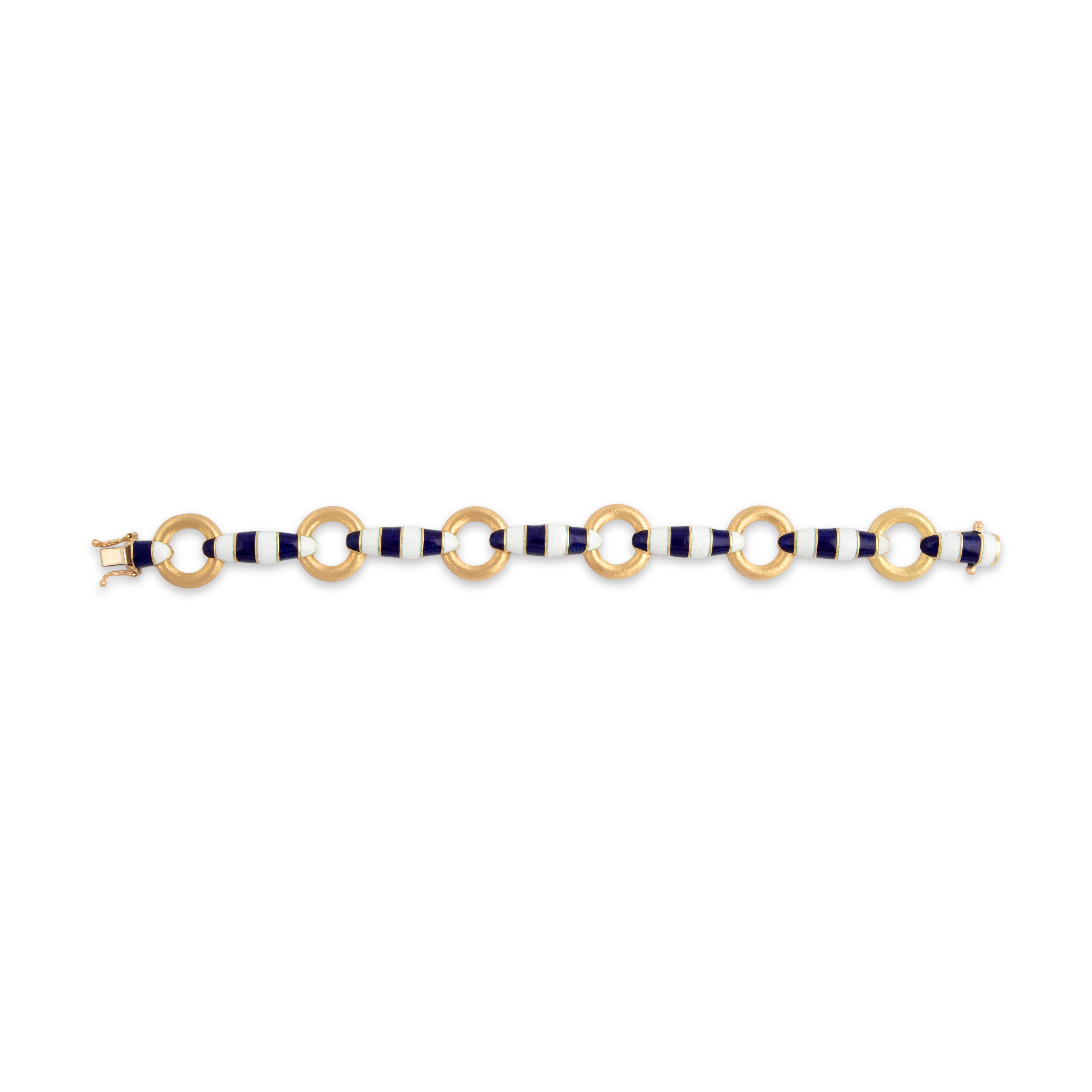 Vintage Italian Substantial 18k Yellow Gold Brushed Link Nautical Enamel Bracelet - Overall view