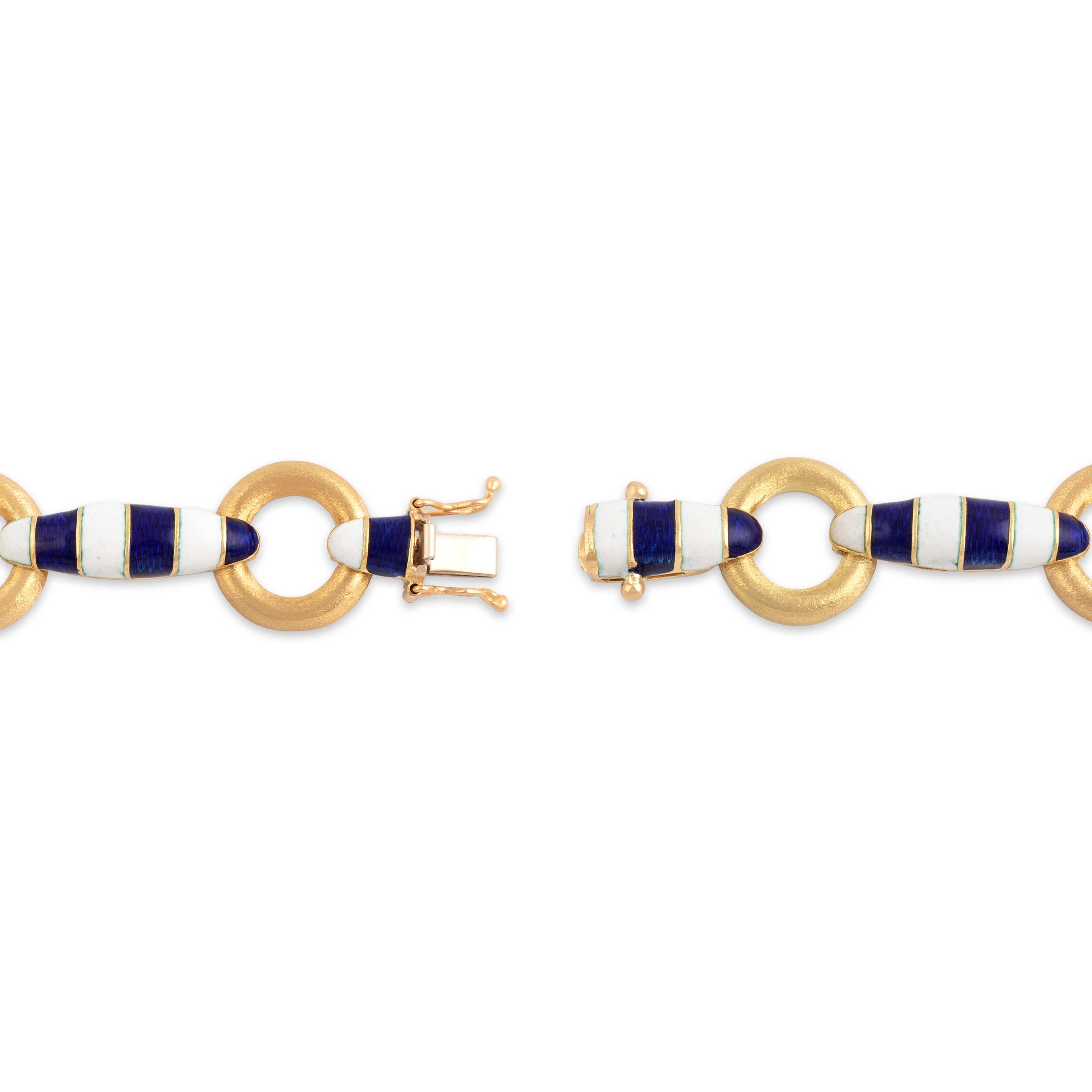 Vintage Italian Substantial 18k Yellow Gold Brushed Link Nautical Enamel Bracelet - clasp view