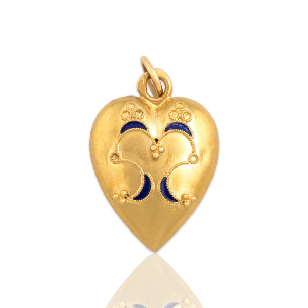 Vintage Portuguese 19k Yellow Gold Blue Enamel Filigree Heart Charm / Pendant