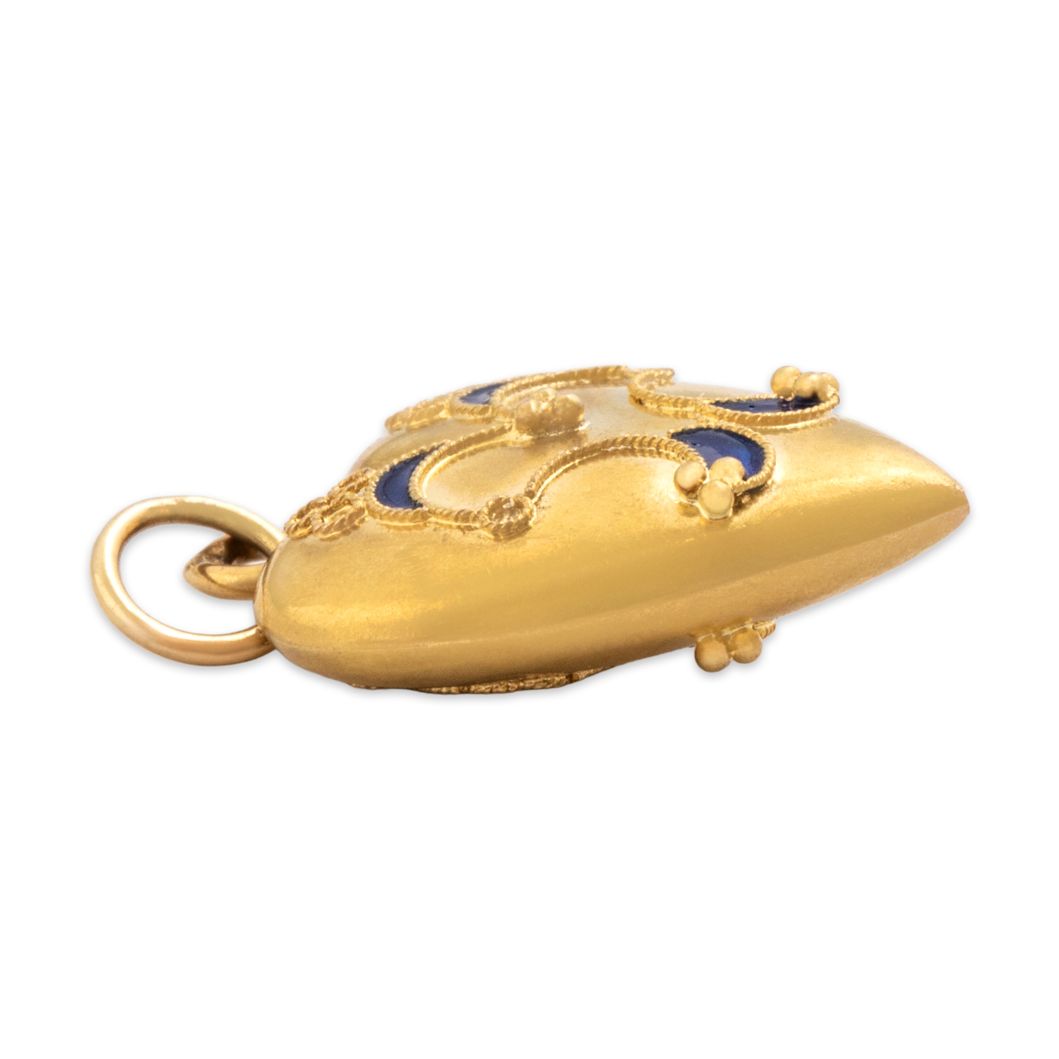 Vintage Portuguese 19k Yellow Gold Delicate Blue Enamel Filigree Heart Charm / Pendant - Side view