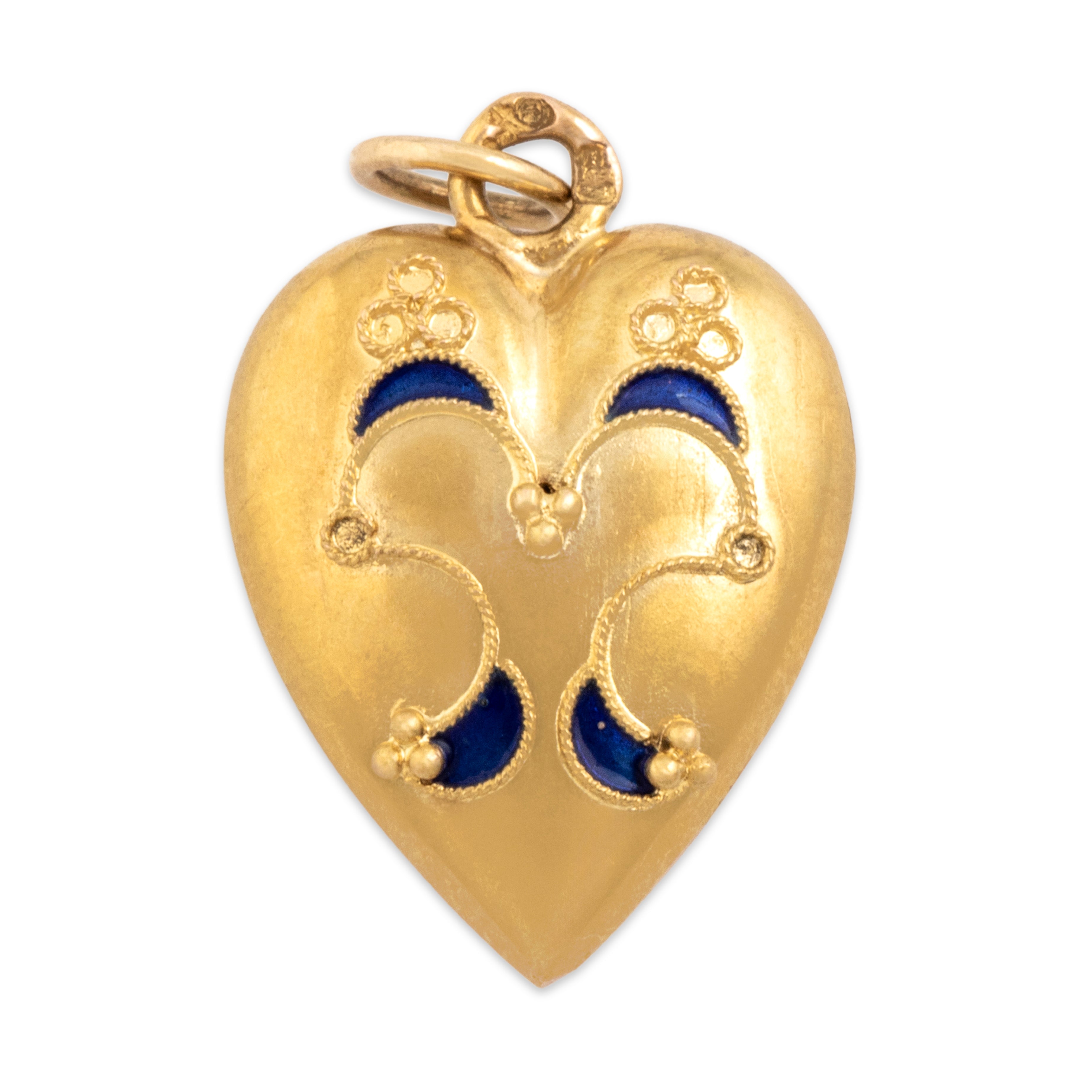 Vintage Portuguese 19k Yellow Gold Delicate Blue Enamel Filigree Heart Charm / Pendant - Overall view