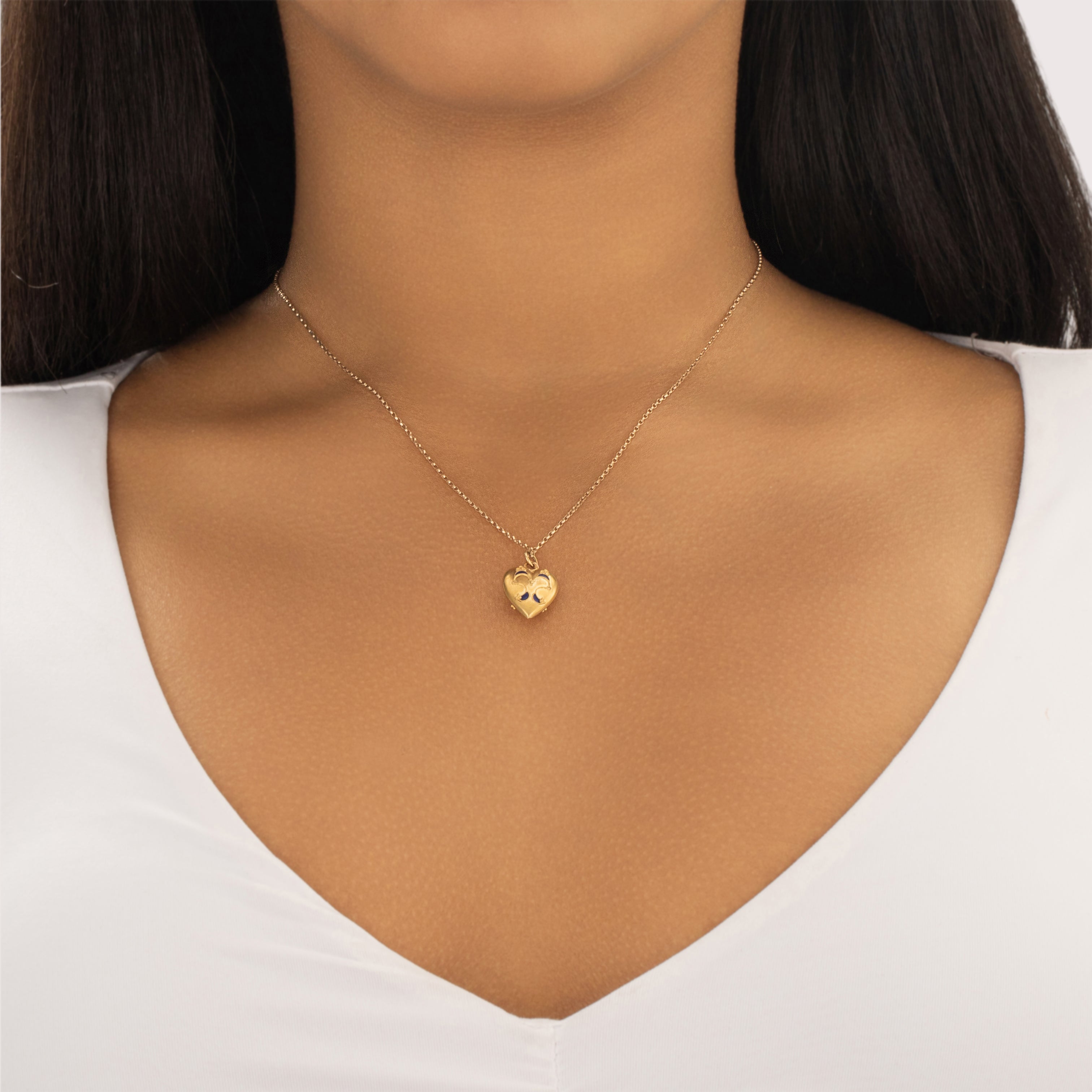 Vintage Portuguese 19k Yellow Gold Delicate Blue Enamel Filigree Heart Charm / Pendant - On model view
