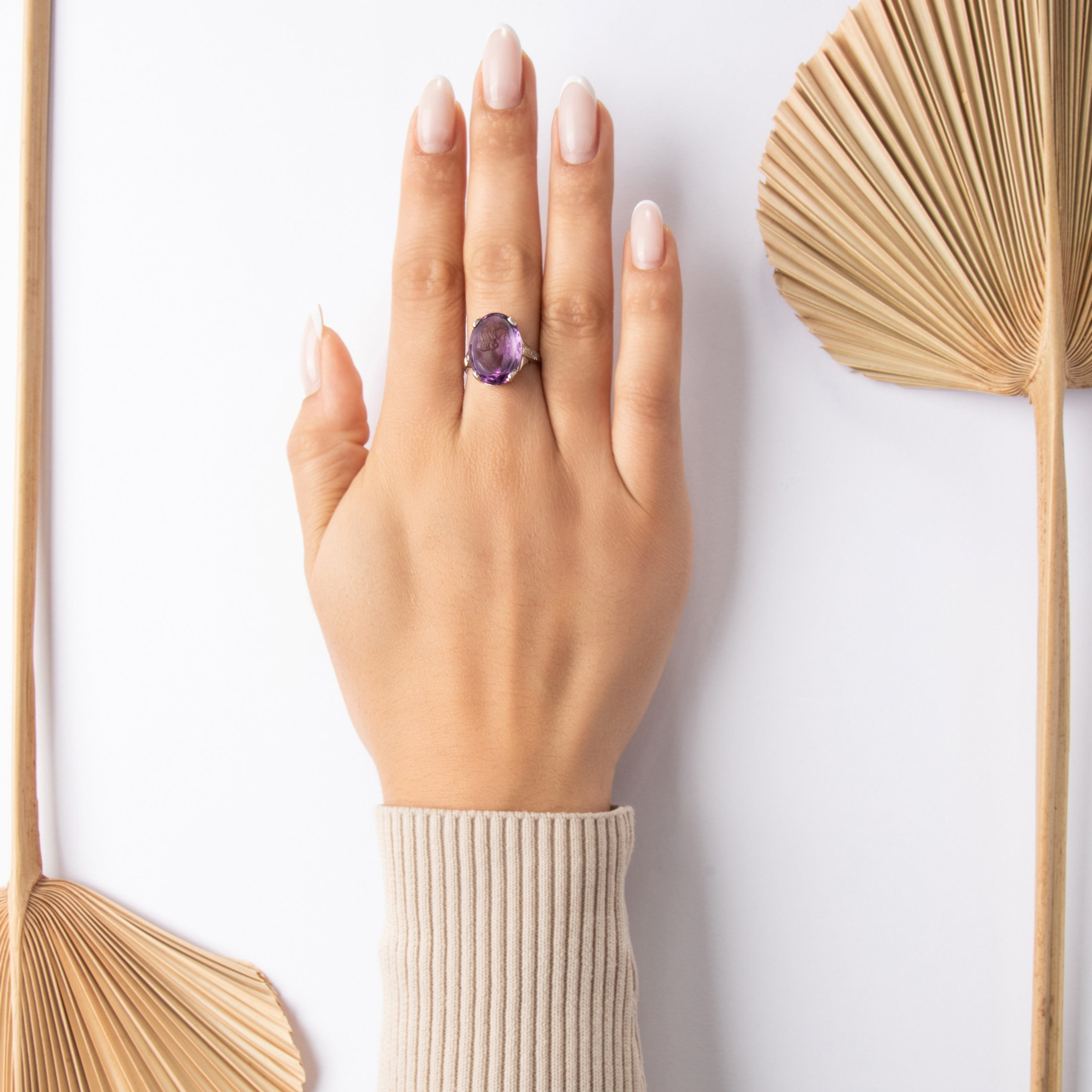 Antique 18k White Gold 9.23ct Amethyst Intricate Somber Woman Cameo Ring - On model view