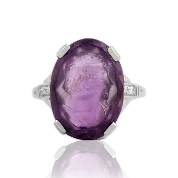Antique 18k White Gold 9.23ct Amethyst Intricate Somber Woman Cameo Ring 9.00