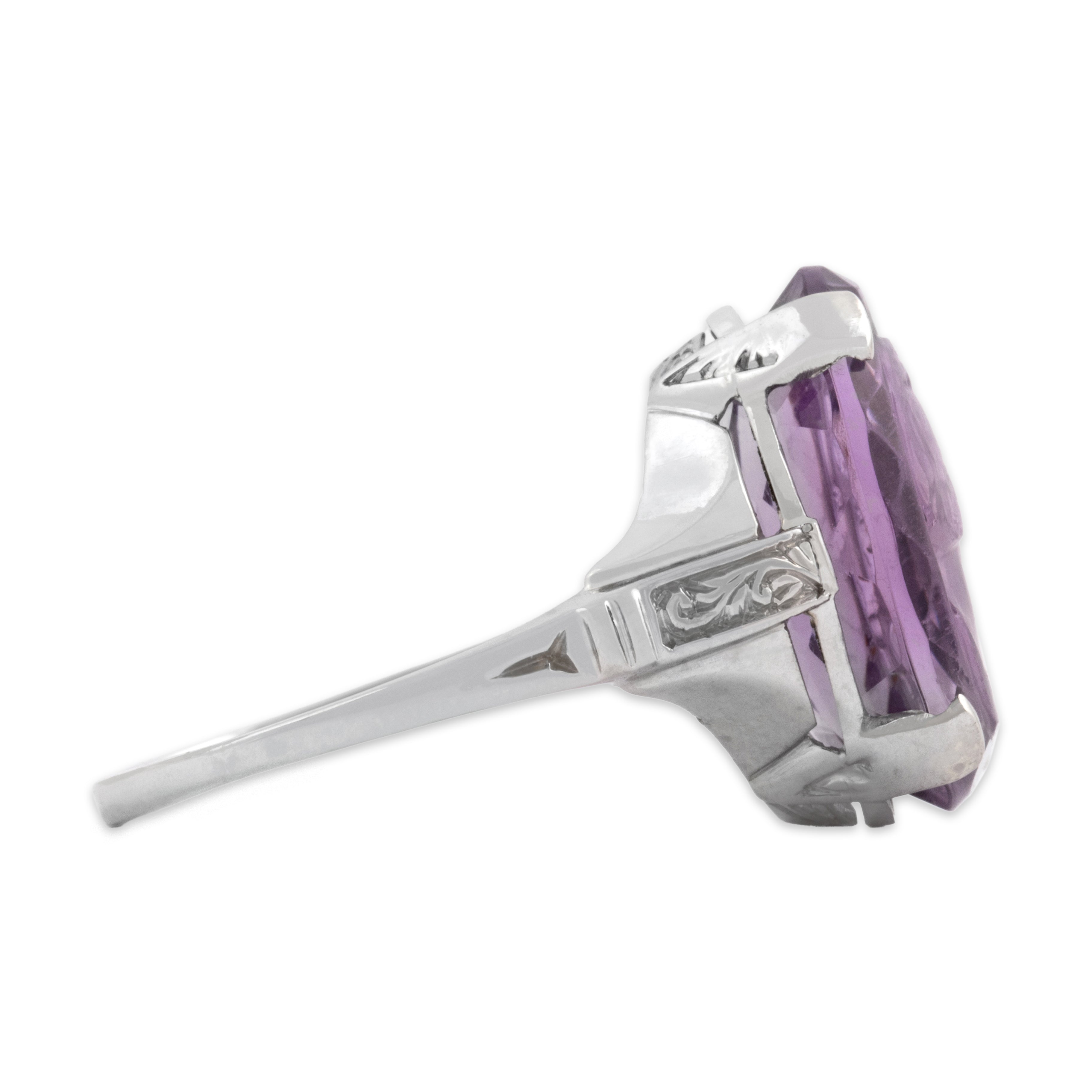 Antique 18k White Gold 9.23ct Amethyst Intricate Somber Woman Cameo Ring - Side view
