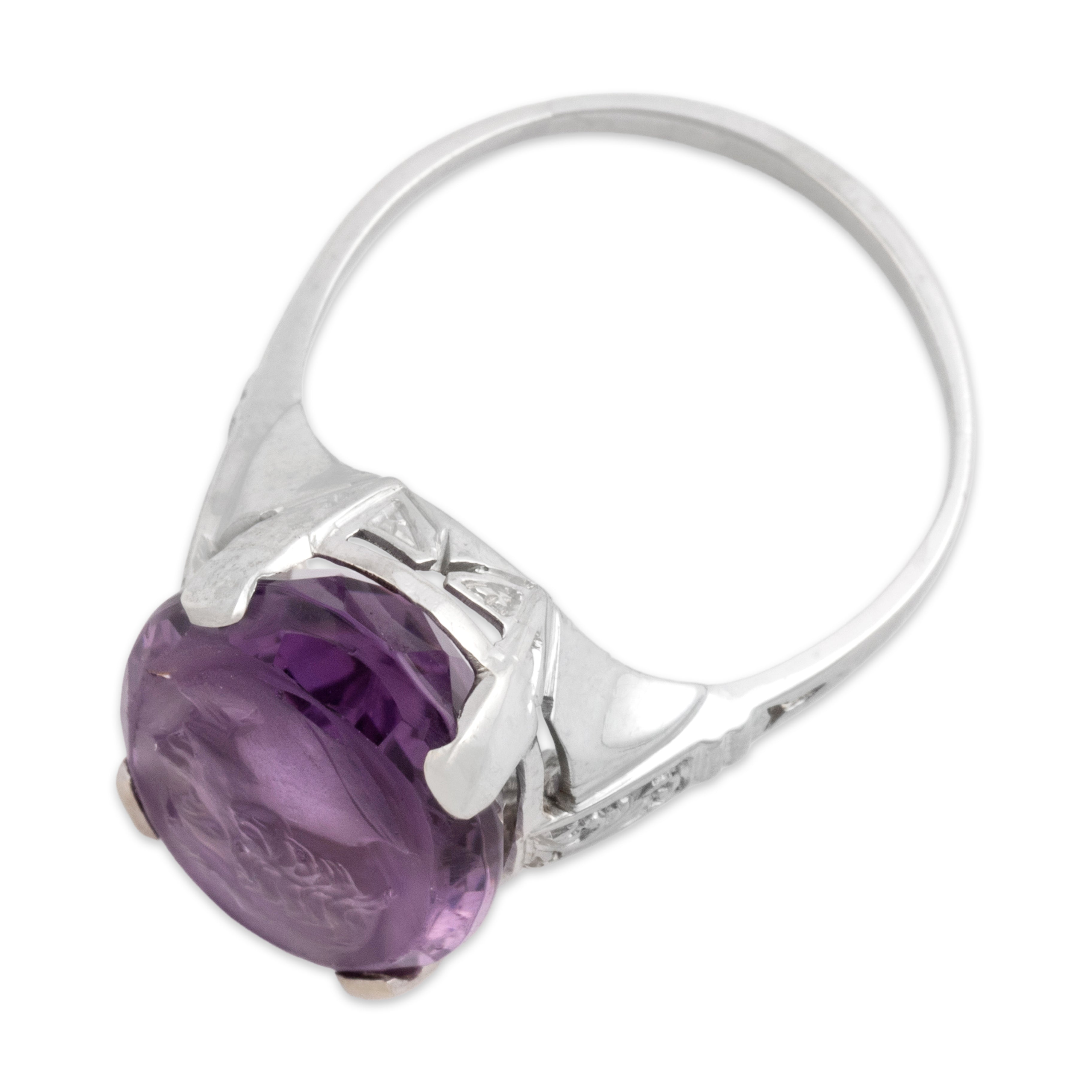 Antique 18k White Gold 9.23ct Amethyst Intricate Somber Woman Cameo Ring - Overall view