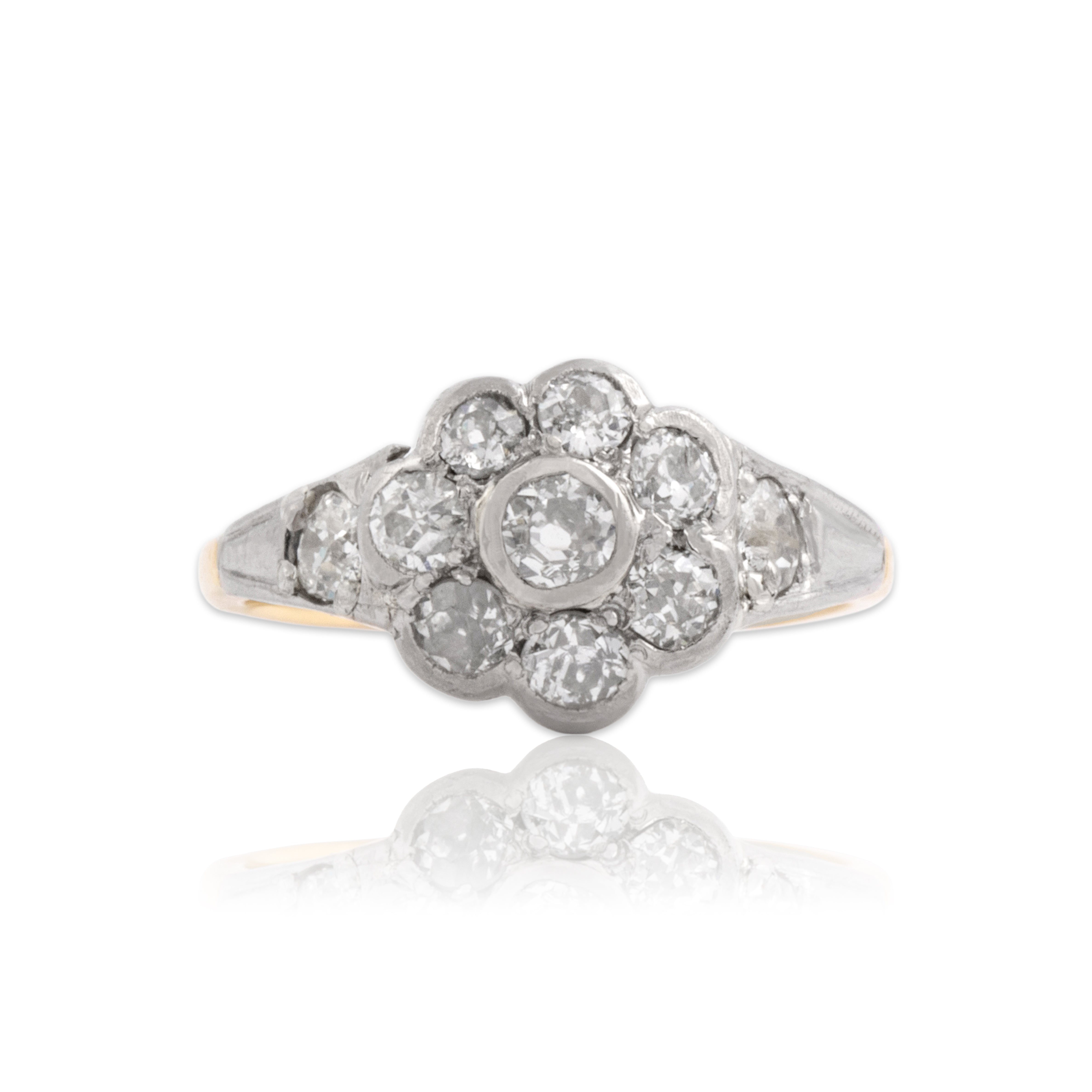 Antique 18k Yellow Gold & Palladium .83cttw Old Mine Cut Diamond Beautiful Flower Halo Ring - Close-up view