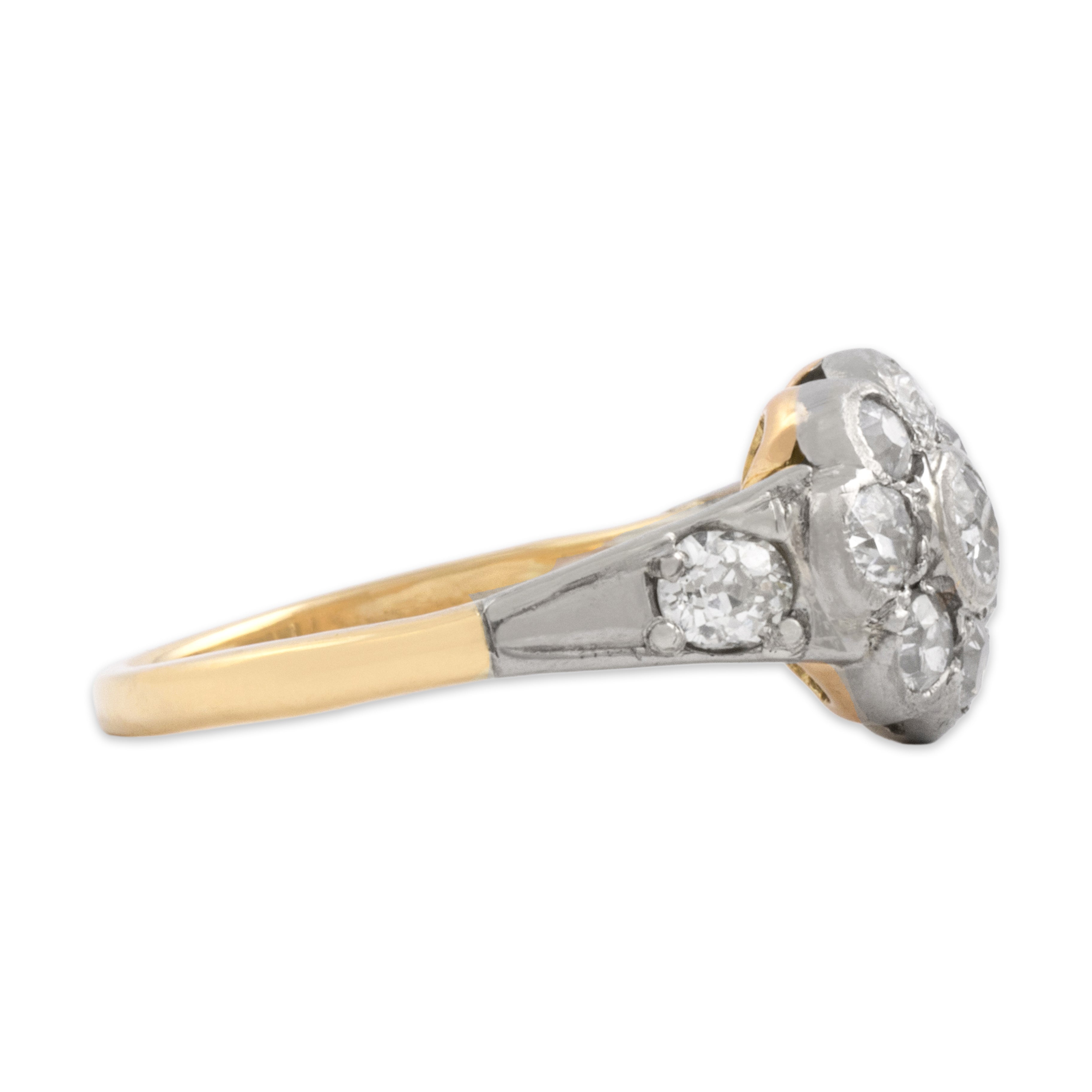 Antique 18k Yellow Gold & Palladium .83cttw Old Mine Cut Diamond Beautiful Flower Halo Ring - Side view