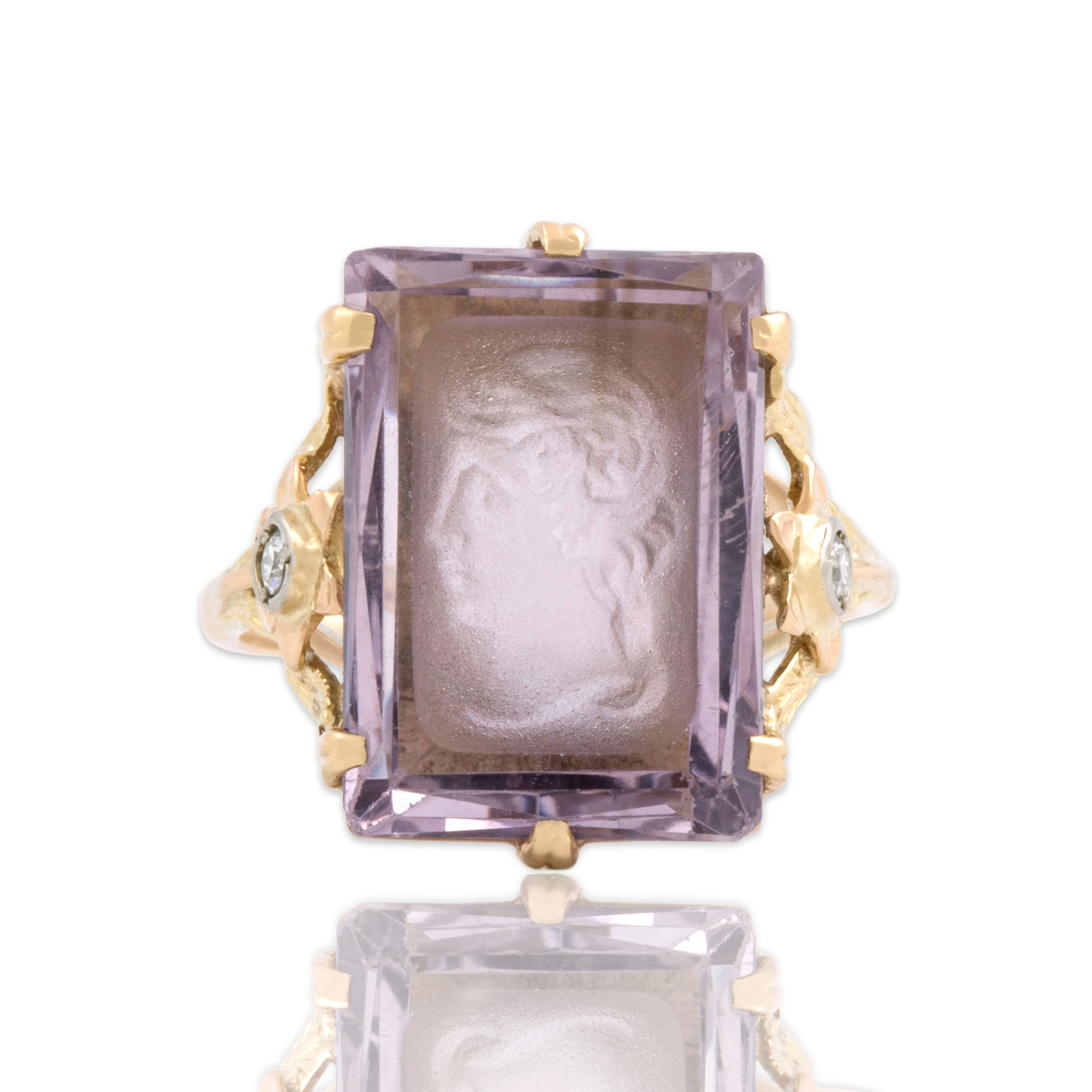 Antique 14k Yellow Gold 10.24ct Amethyst Diamond Carved Intaglio Ring 9.75