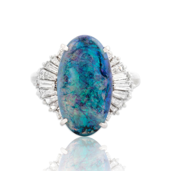 Vintage Platinum 3.95ct Lightning Ridge Black Opal .85cttw Diamond Cocktail Ring 7.25