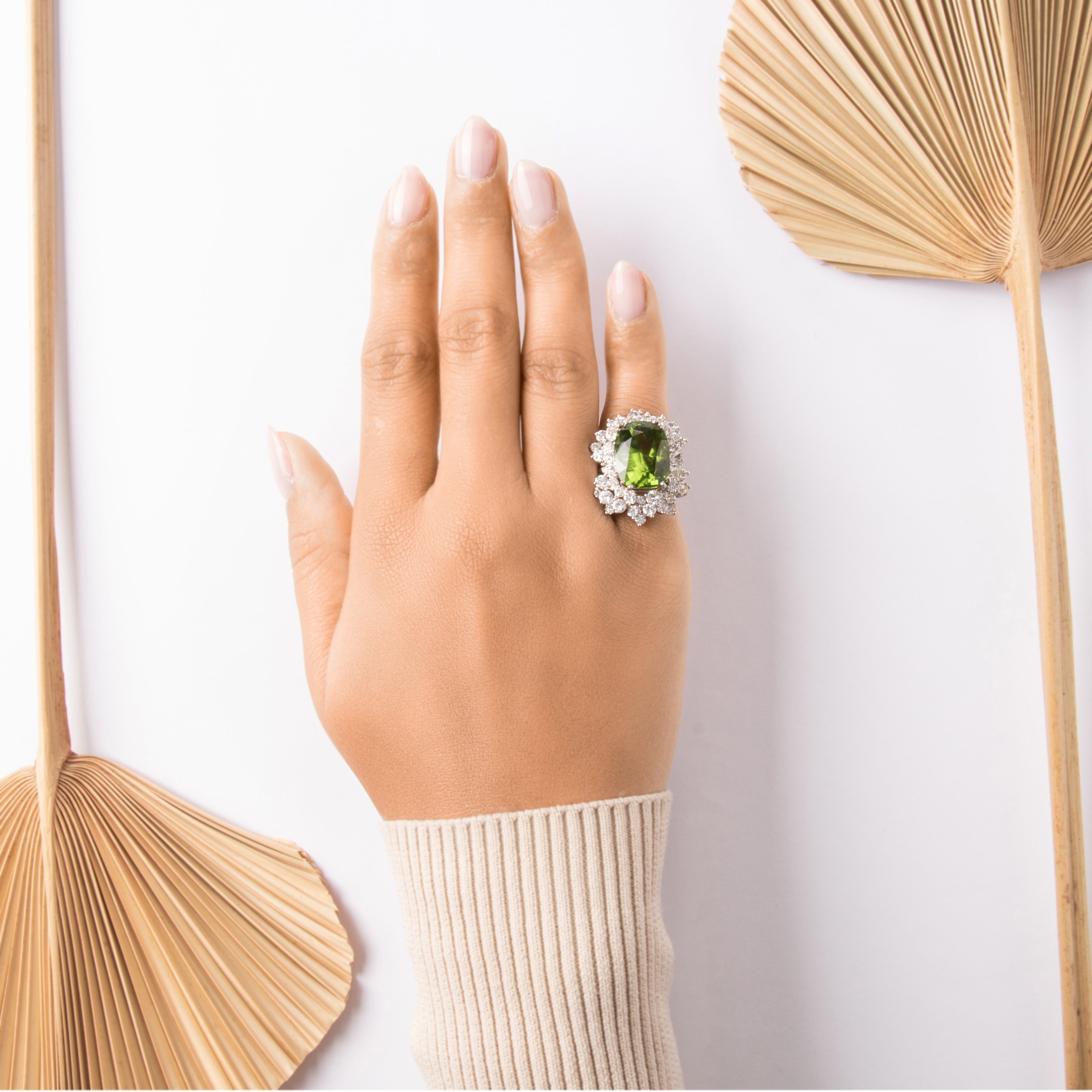 Vintage Platinum 15.53ct Peridot 3.3cttw Diamond Gia Dramatic Oversized Dazzling Cluster Cocktail Ring - On model view