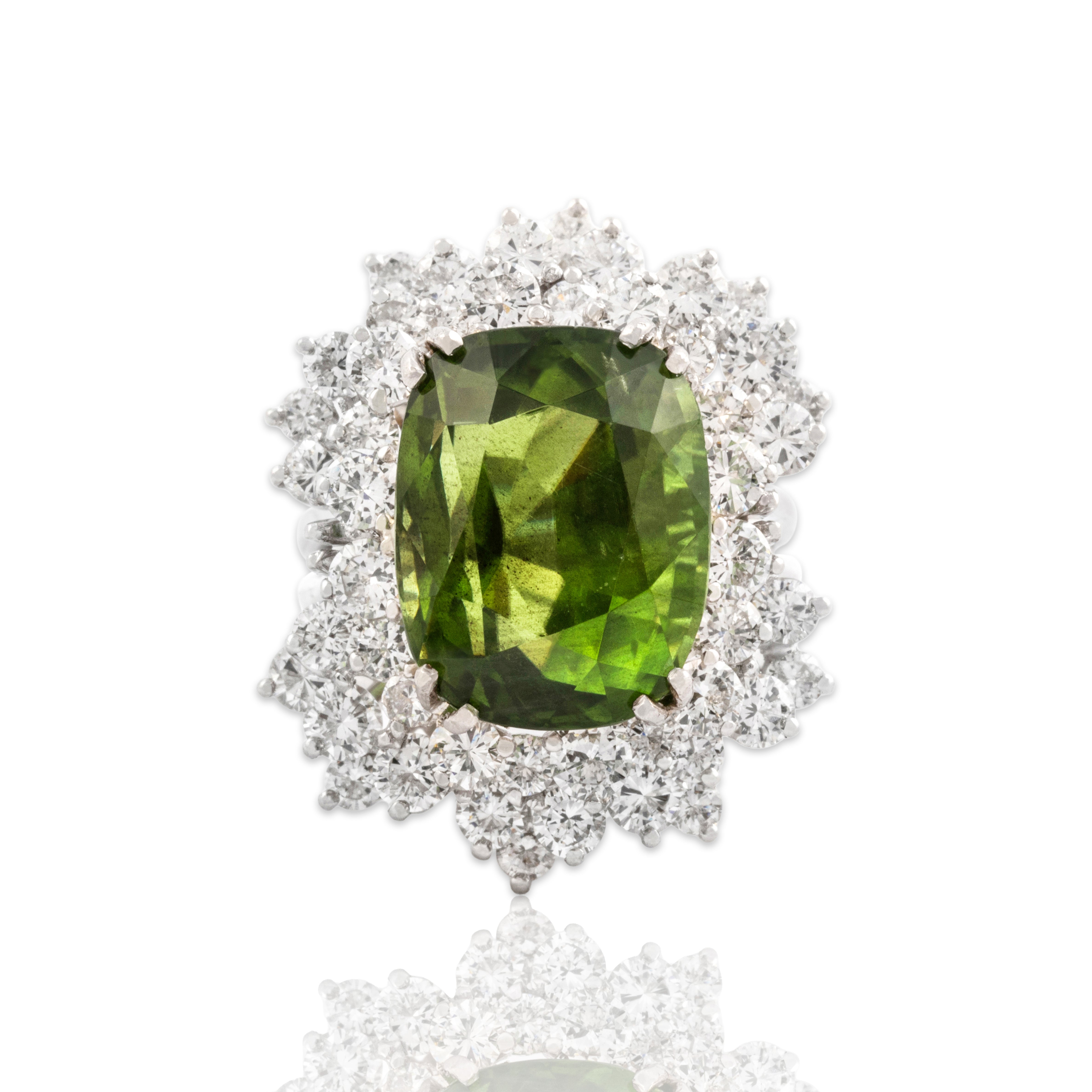 Vintage Platinum 15.53ct GIA Peridot 3.3cttw Diamond Dazzling Cocktail Ring 6.25