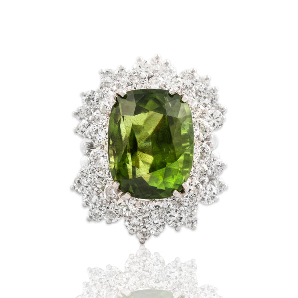 Vintage Platinum 15.53ct GIA Peridot 3.3cttw Diamond Dazzling Cocktail Ring 6.25