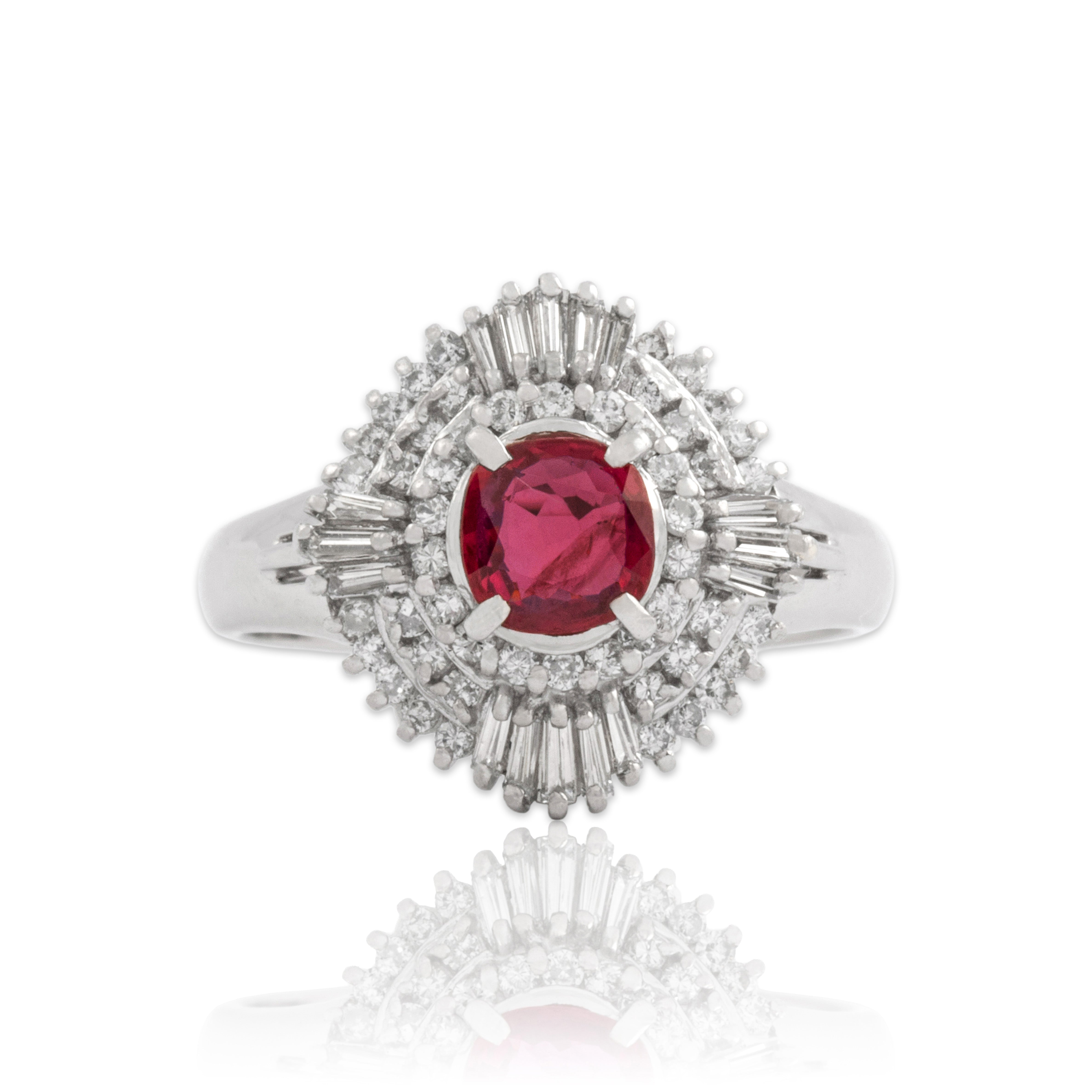 Vintage Platinum .64ct Ruby Diamond Striking Ballerina Halo Ring 5.50