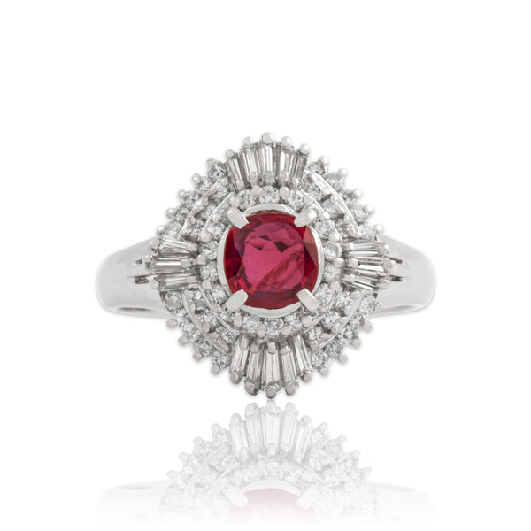 Vintage Platinum .64ct Ruby Diamond Striking Ballerina Halo Ring 5.50