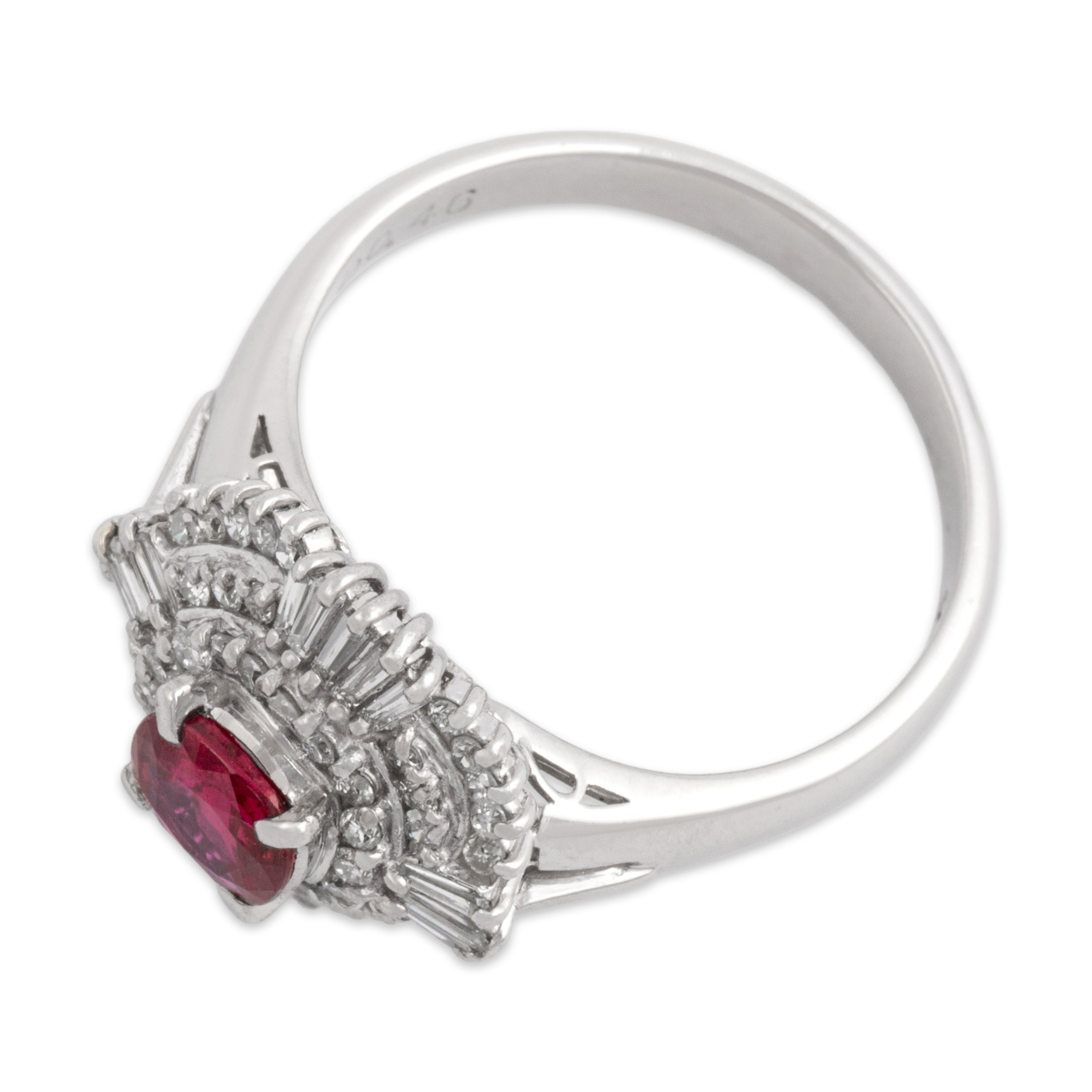 Vintage Platinum .64ct Ruby Diamond Striking Ballerina Halo Ring - Overall view