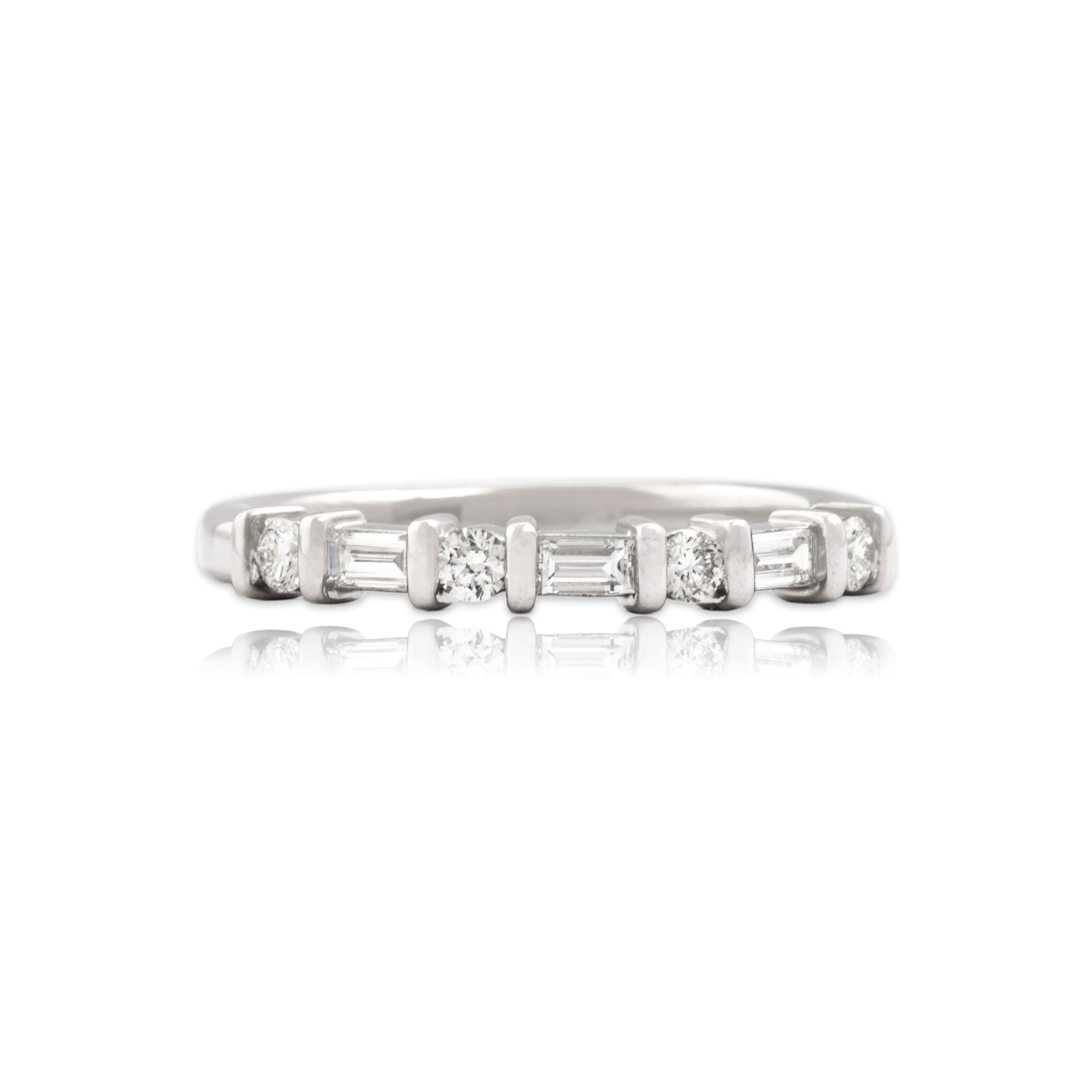 Estate Platinum Diamond Alternating Baguette Round Line Band Ring - Close-up view