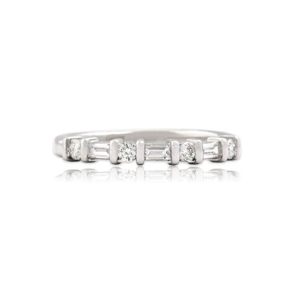 Estate Platinum Diamond Alternating Baguette Round Line Band Ring 6.25