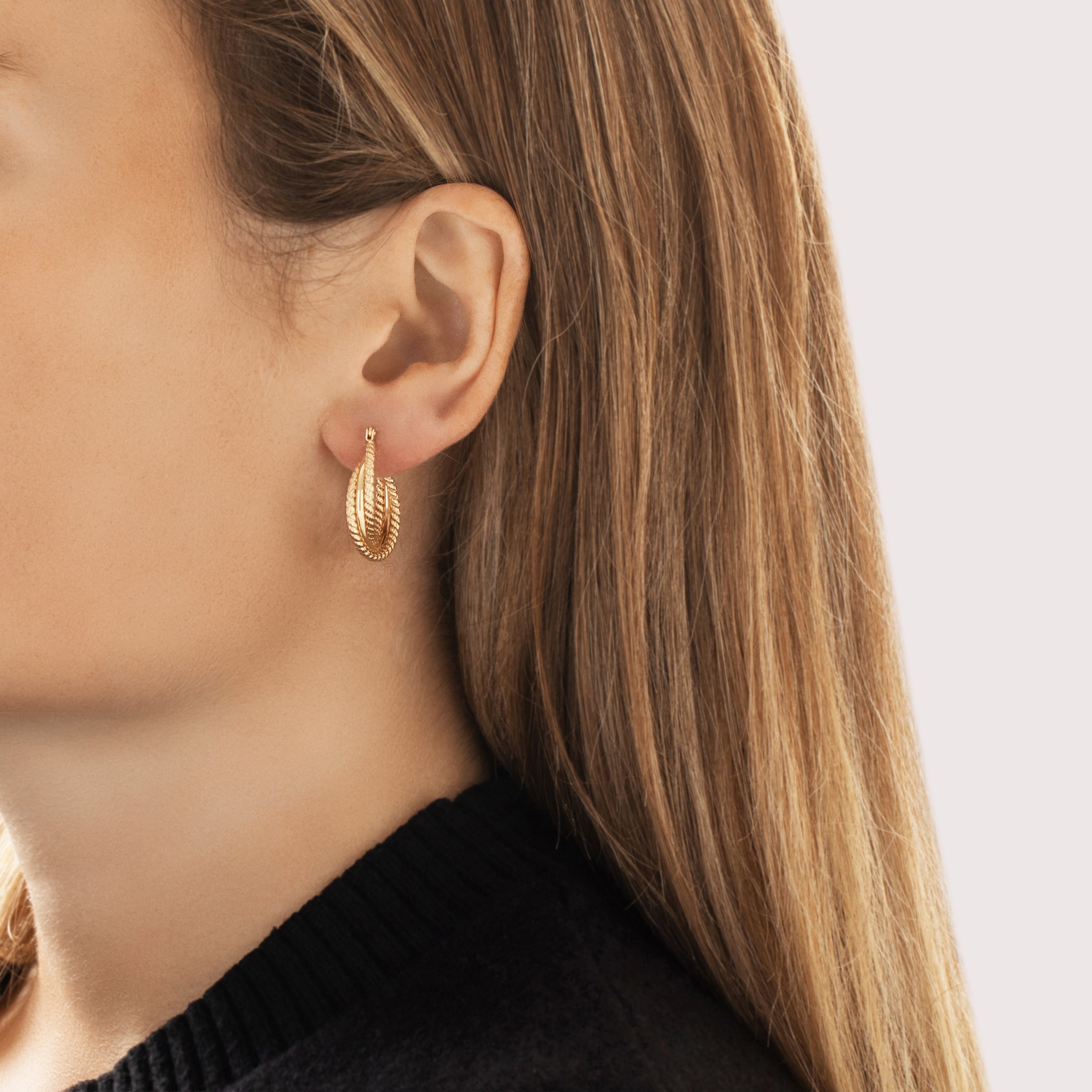 Vintage 14k Yellow Gold Multi-Strand Rope Crossover Hoop Earrings - On model view
