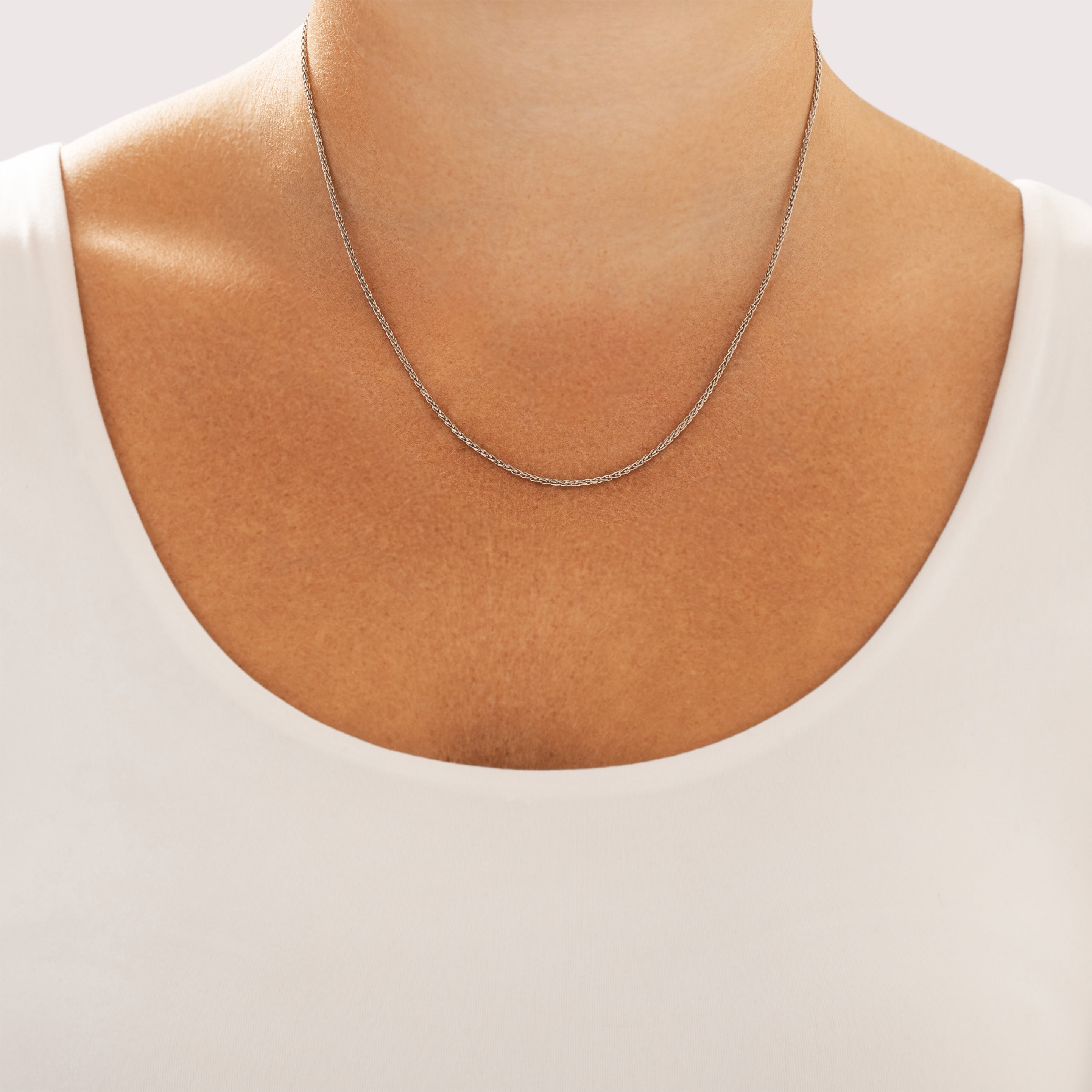 Vintage 14k White Gold 1.3mm Classic Wheat Chain - On model view