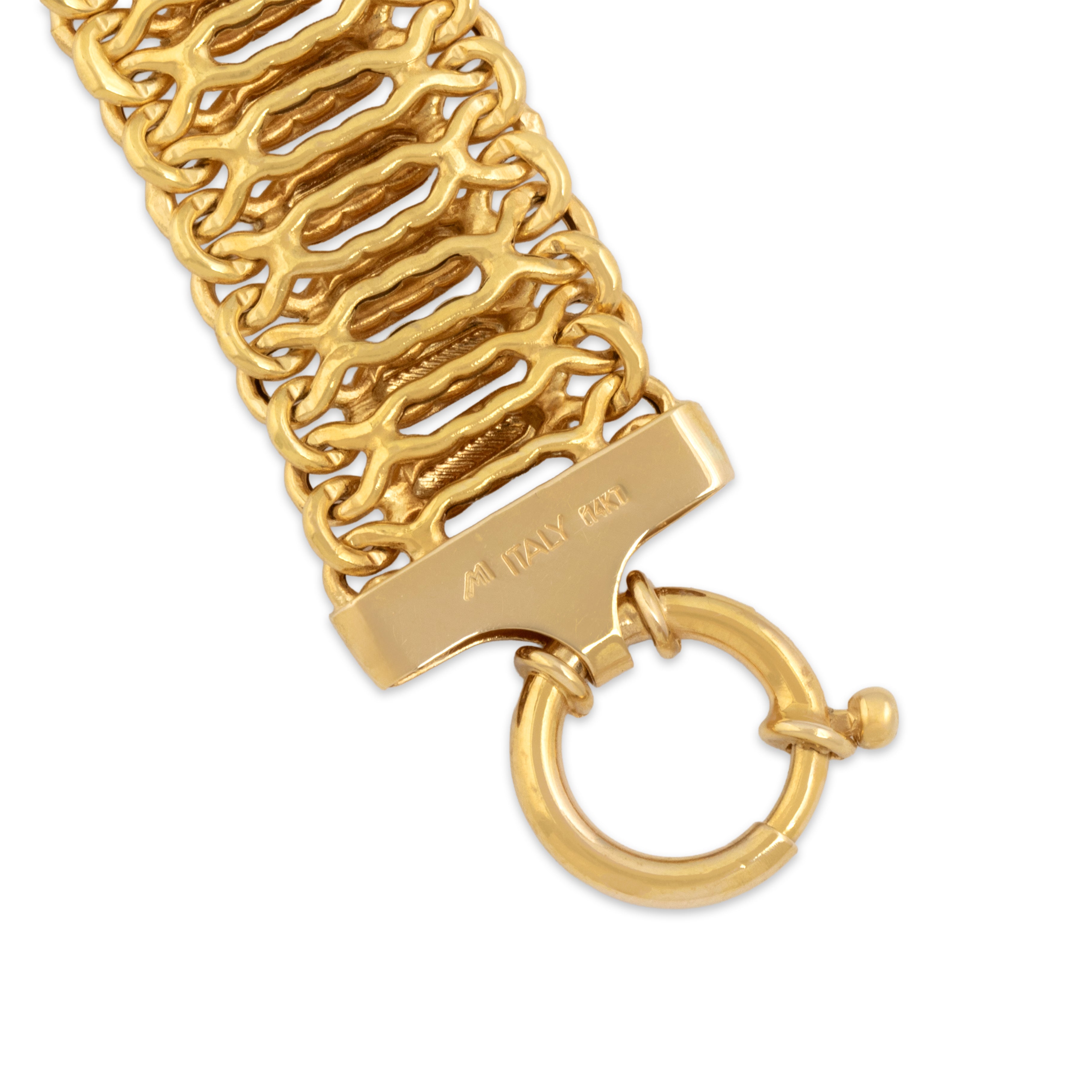 Vintage Italian 14k Yellow Gold Wide Detailed Bar Link Bracelet - Hallmark view