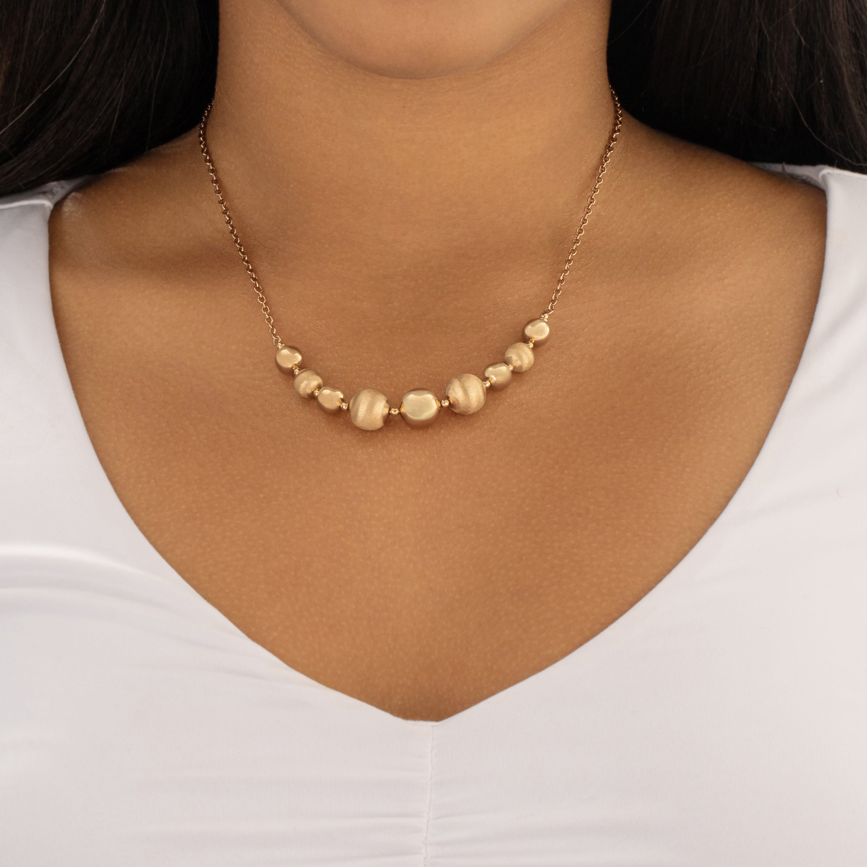 Vintage Italian 14k Yellow Gold Graduated Textured Ball Cable Necklace - On model view