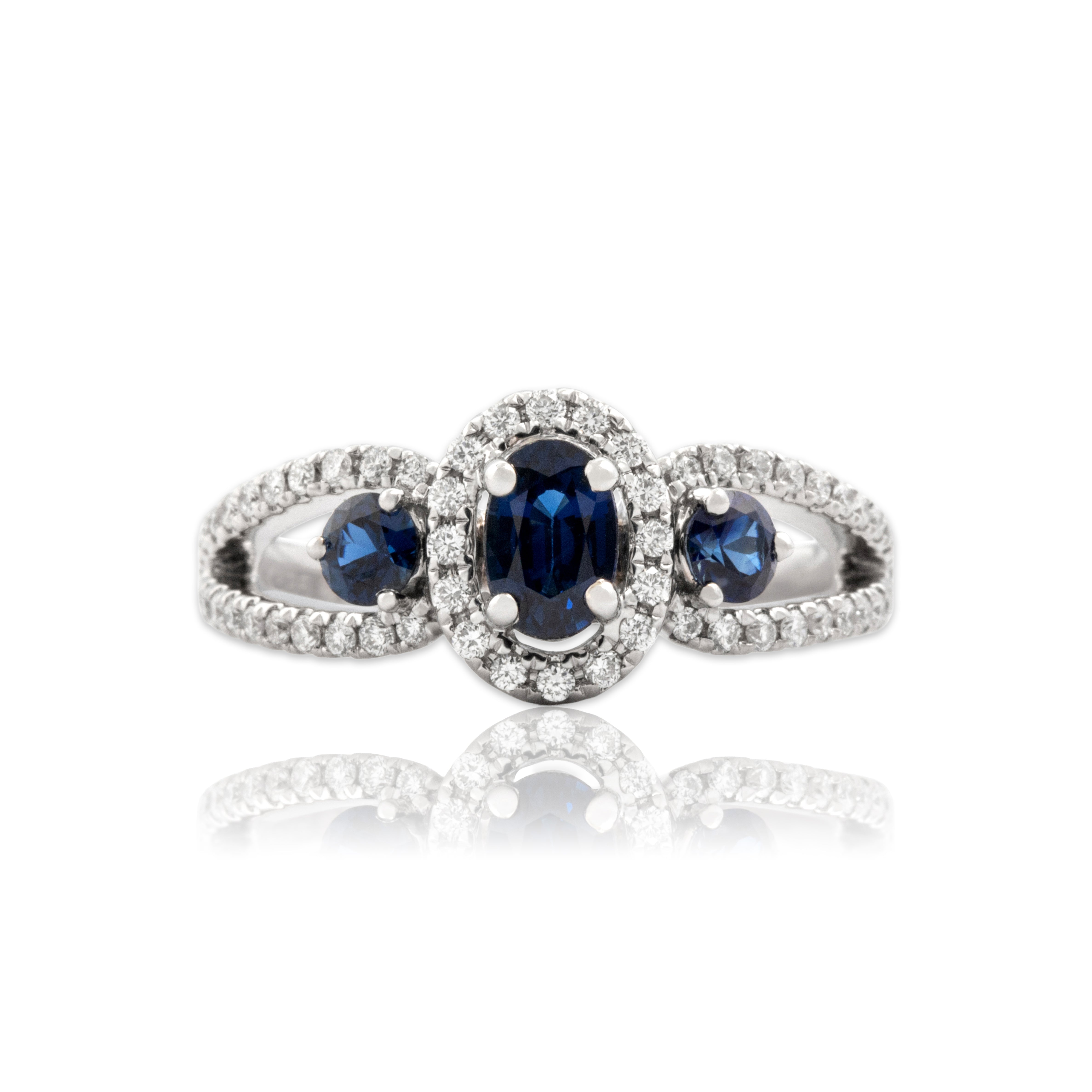 Estate 14k White Gold .76cttw Blue Sapphire Diamond Dazzling Open Trio Ring - Close-up view