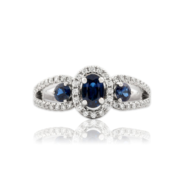 Estate 14k White Gold .76cttw Blue Sapphire Diamond Dazzling Open Trio Ring 7.00