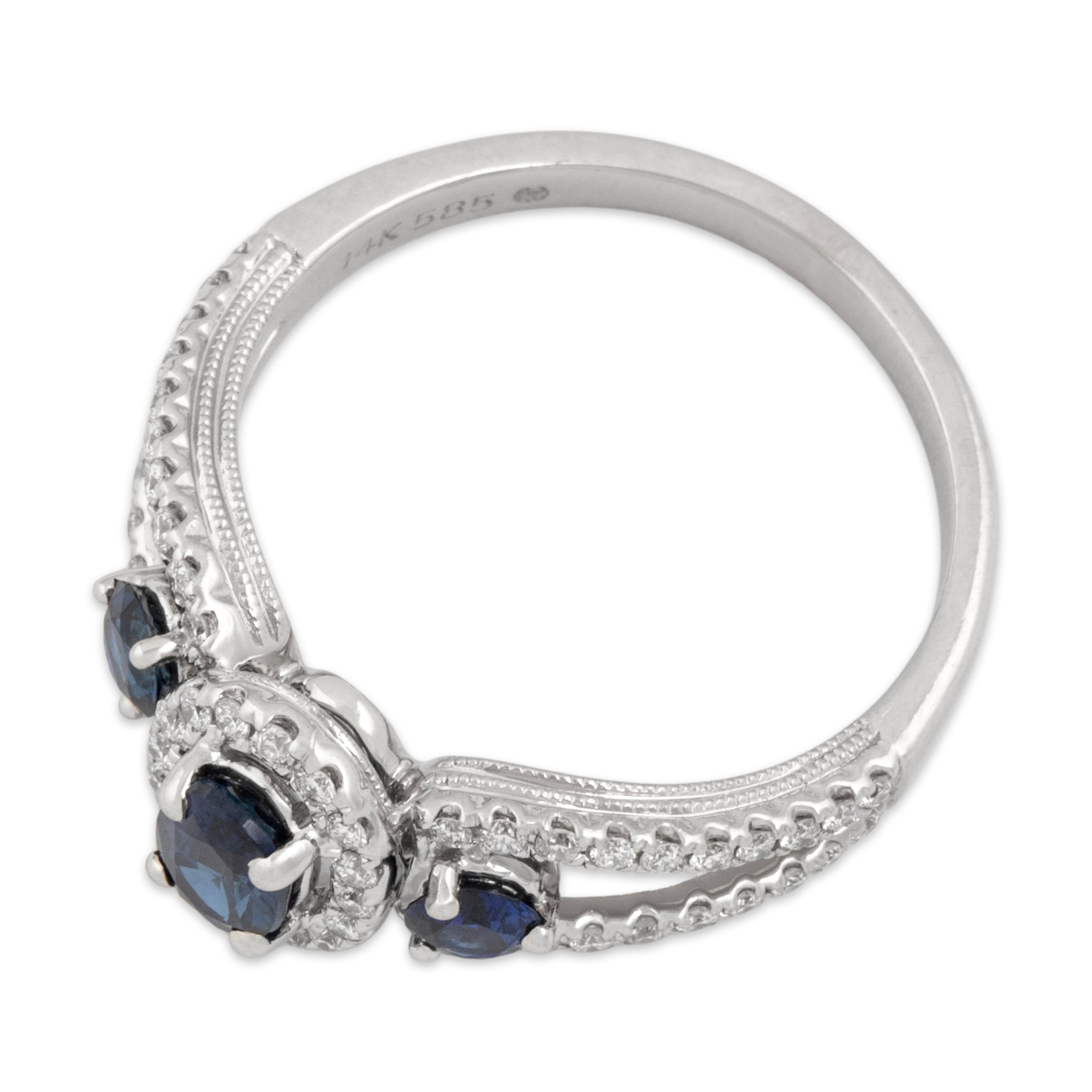 Estate 14k White Gold .76cttw Blue Sapphire Diamond Dazzling Open Trio Ring - Overall view