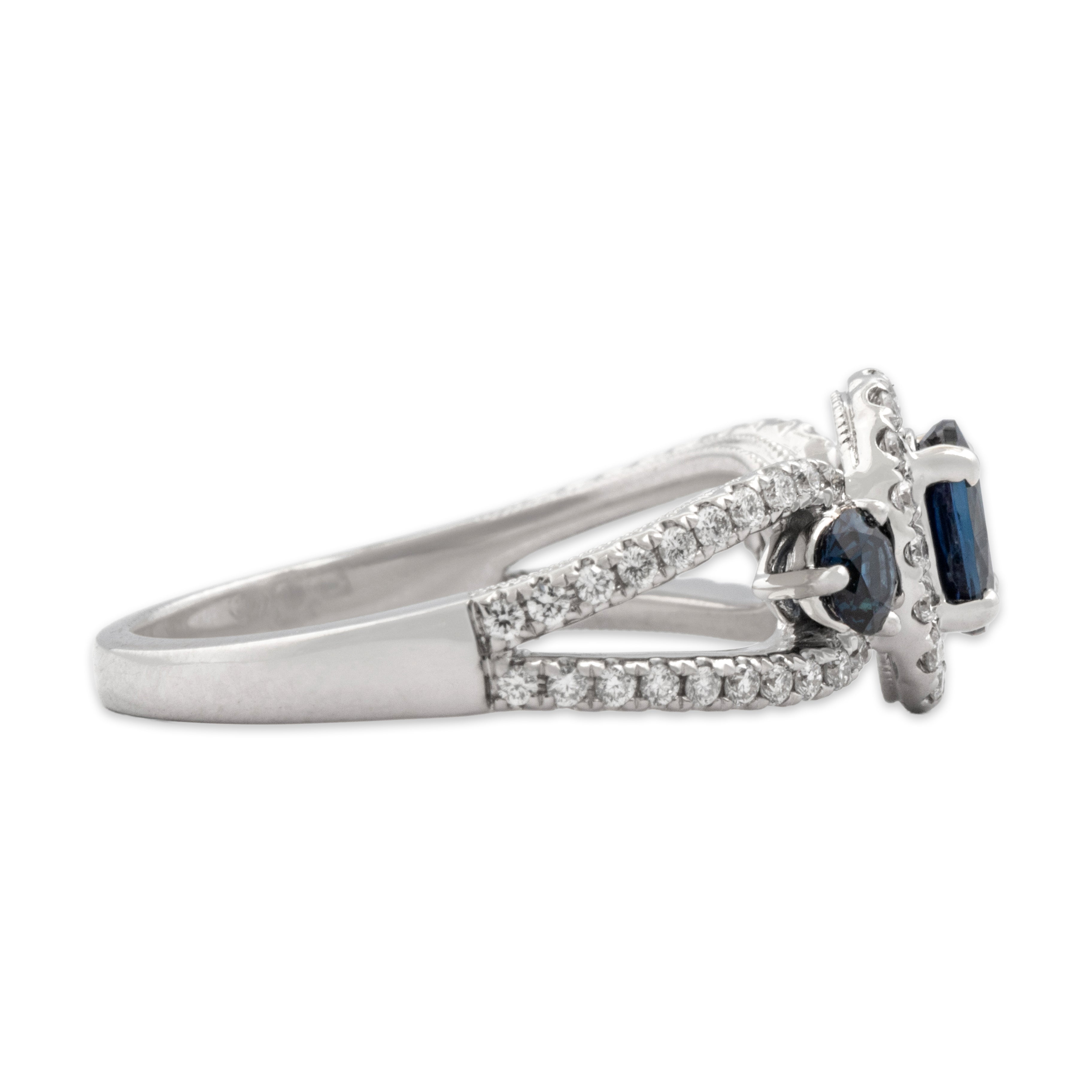 Estate 14k White Gold .76cttw Blue Sapphire Diamond Dazzling Open Trio Ring - Side view