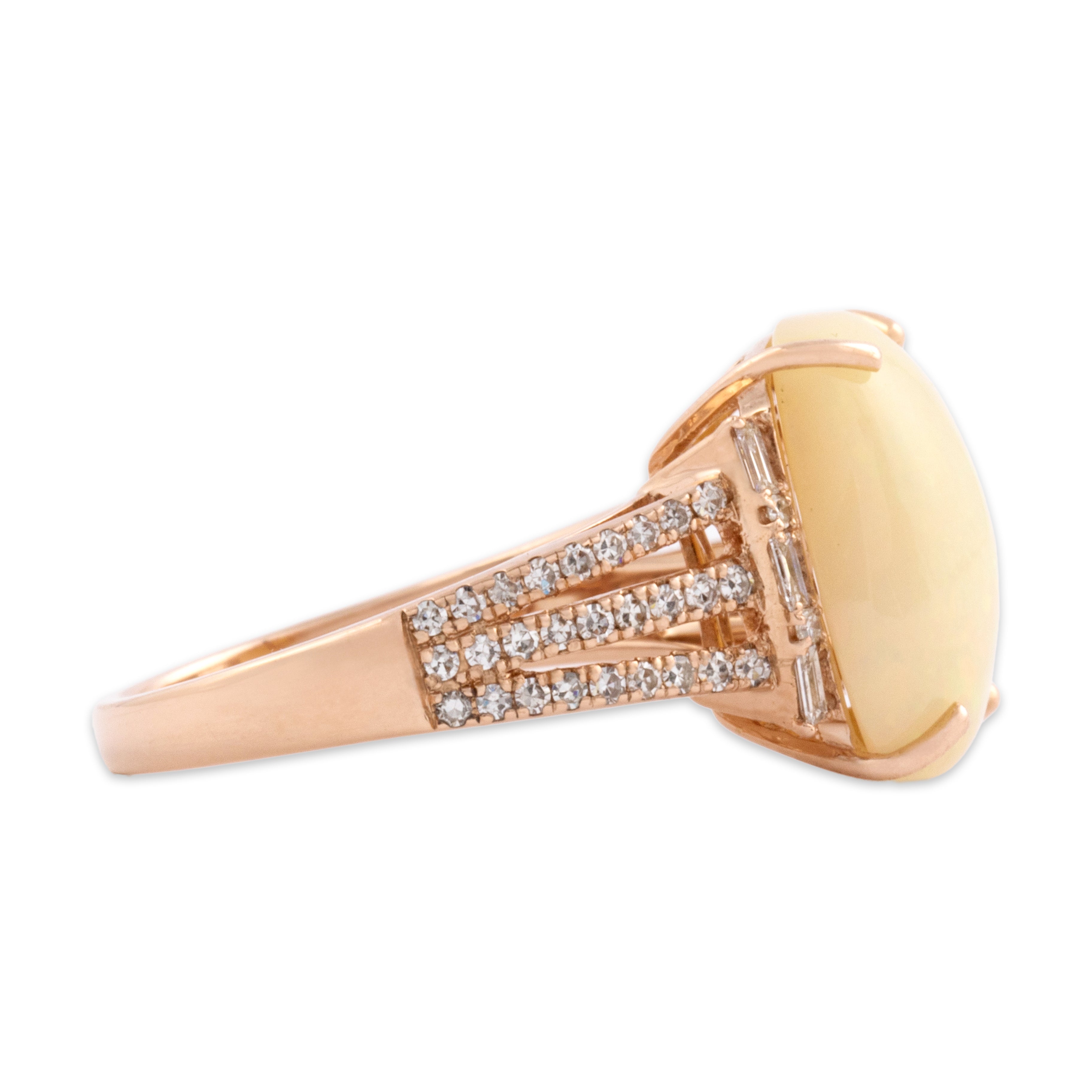 Estate 14k Rose Gold 4.0ct Opal Diamond Mesmerizing Sparkly Open Shoulder Ring - Side view