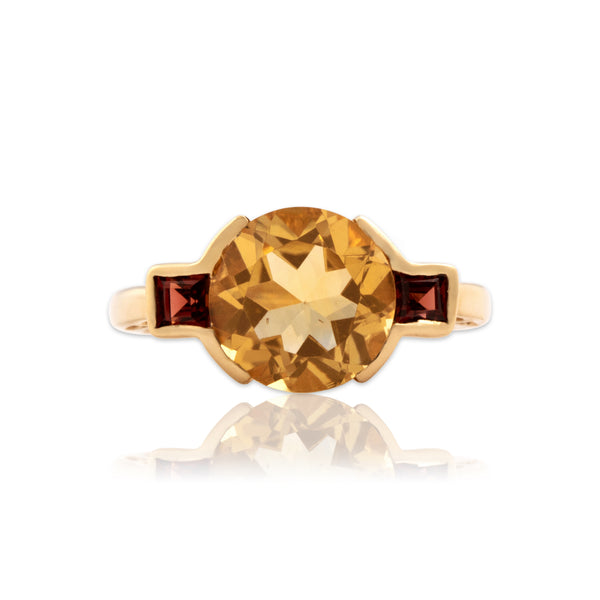 Vintage 14k Yellow Gold 2.93ct Citrine Garnet Bright Sunny Trio Ring 7.00