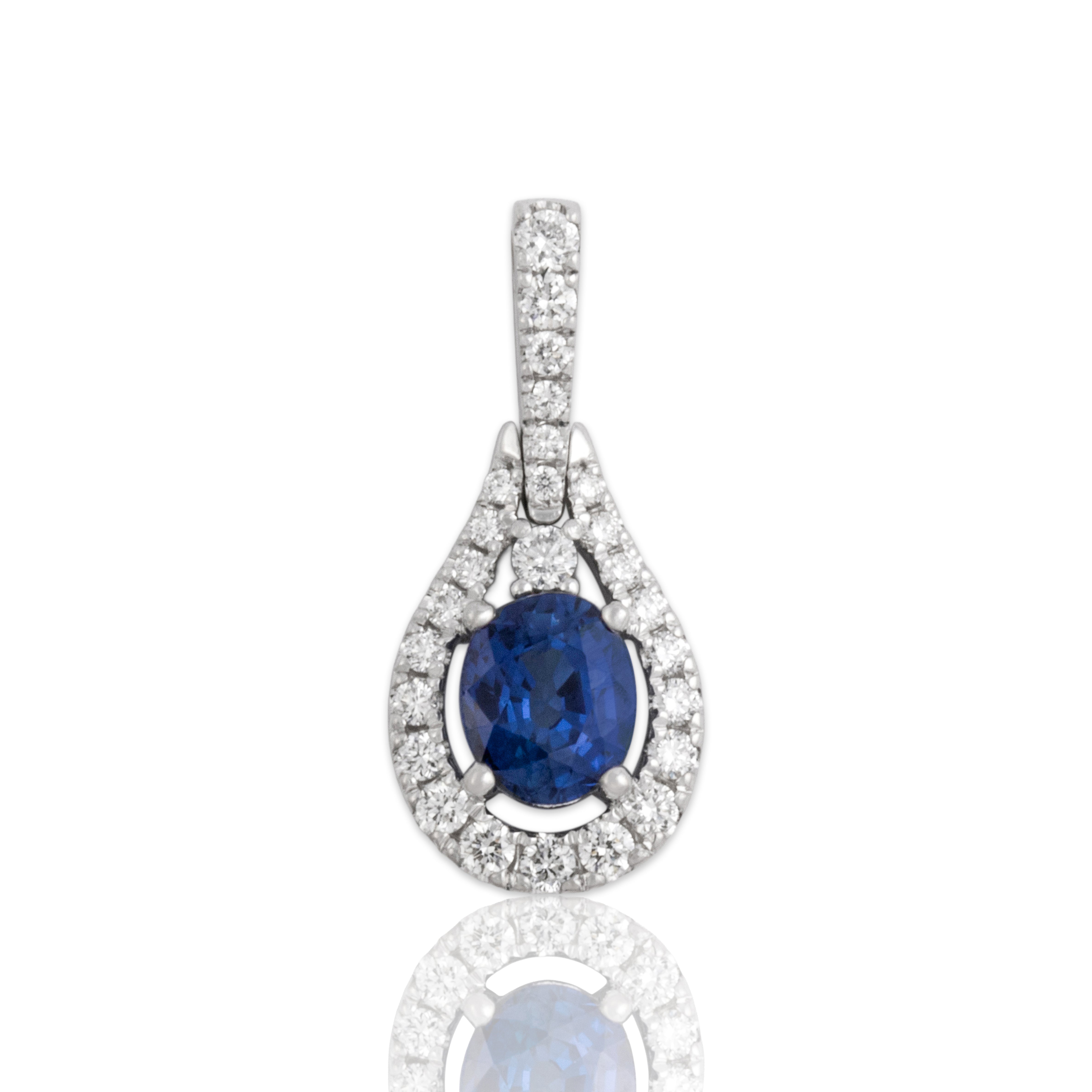 Vintage Small 14k White Gold Blue Sapphire Diamond Elegant Oval Dangle Pendant