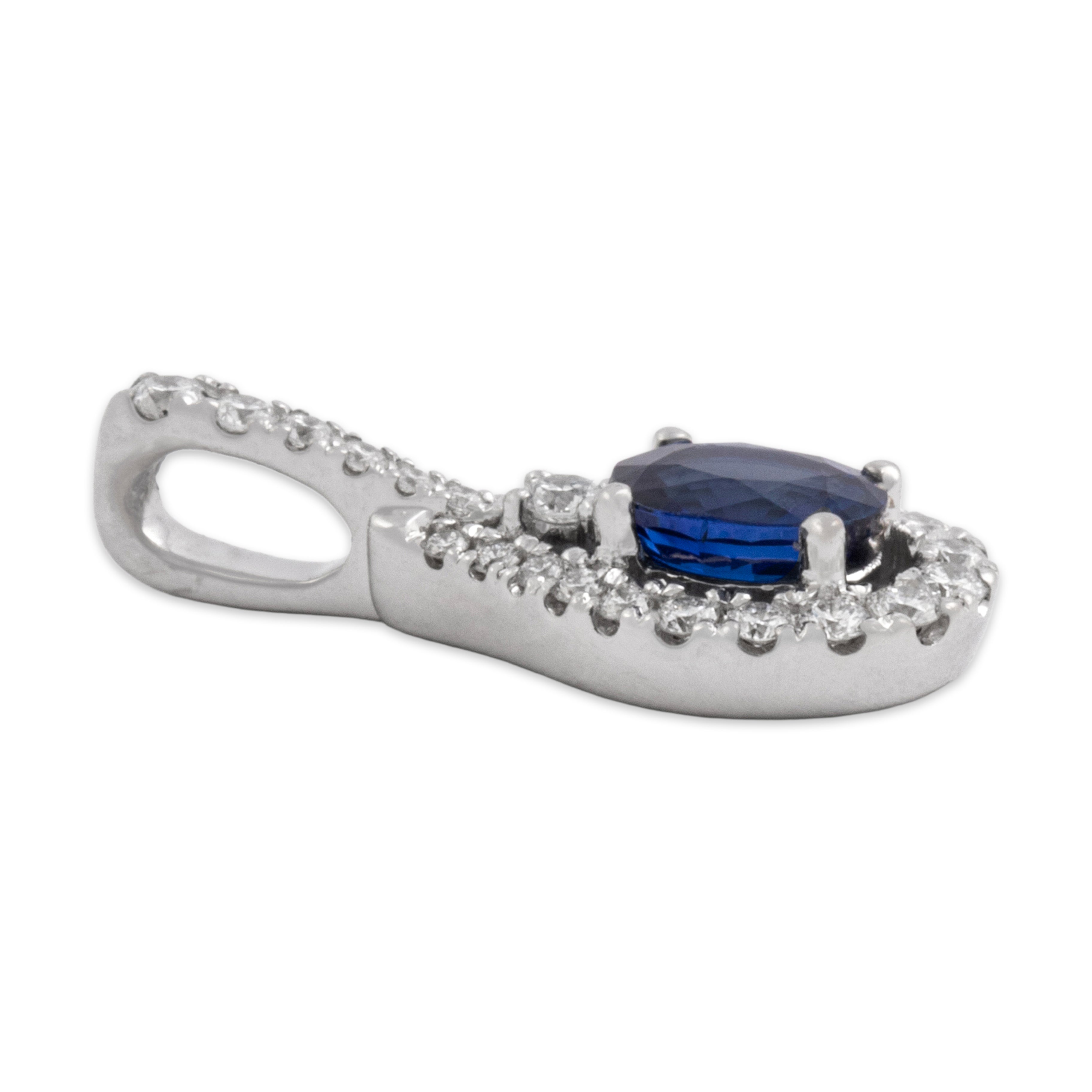 Vintage Small 14k White Gold Blue Sapphire Diamond Elegant Oval Dangle Pendant - Side view