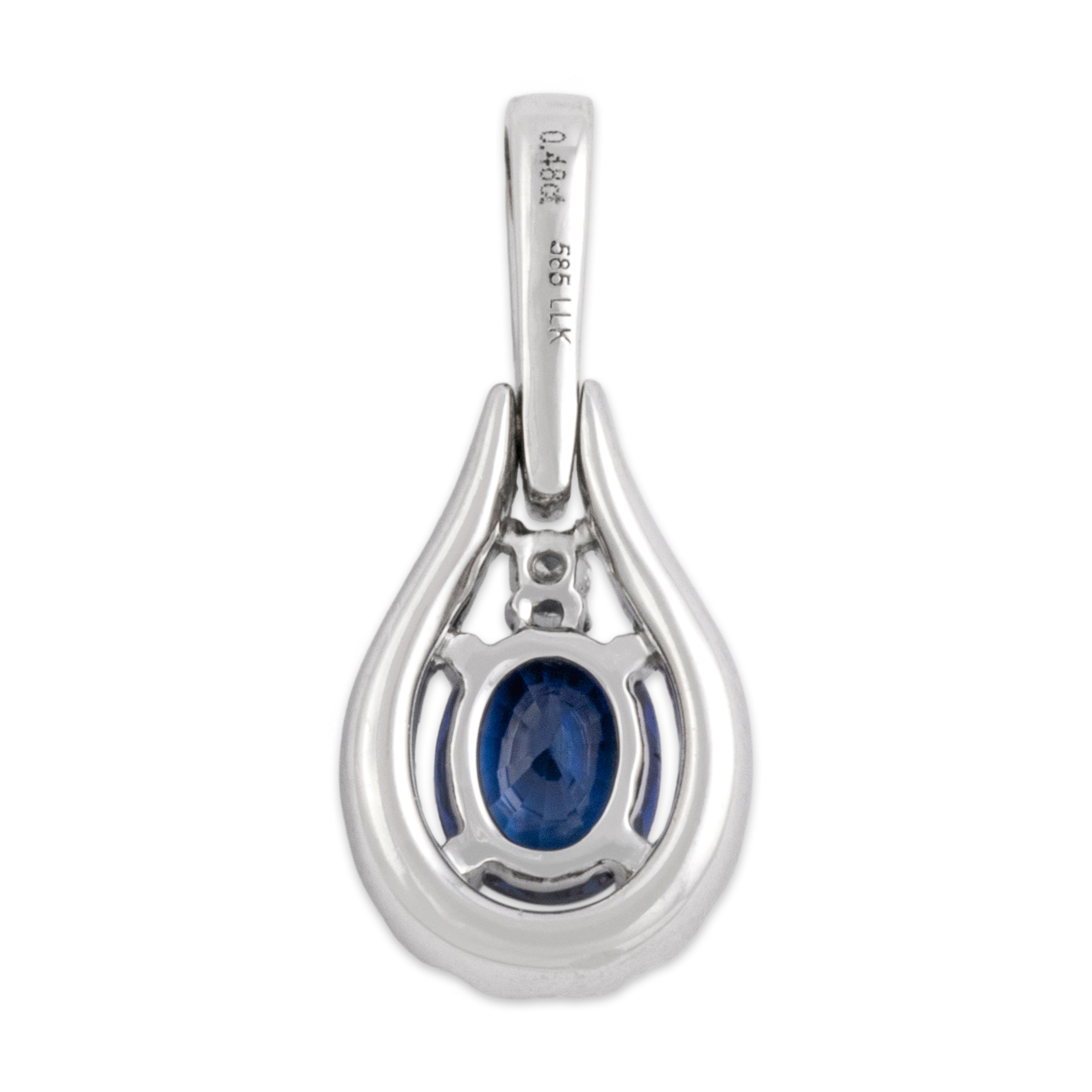 Vintage Small 14k White Gold Blue Sapphire Diamond Elegant Oval Dangle Pendant - Back view