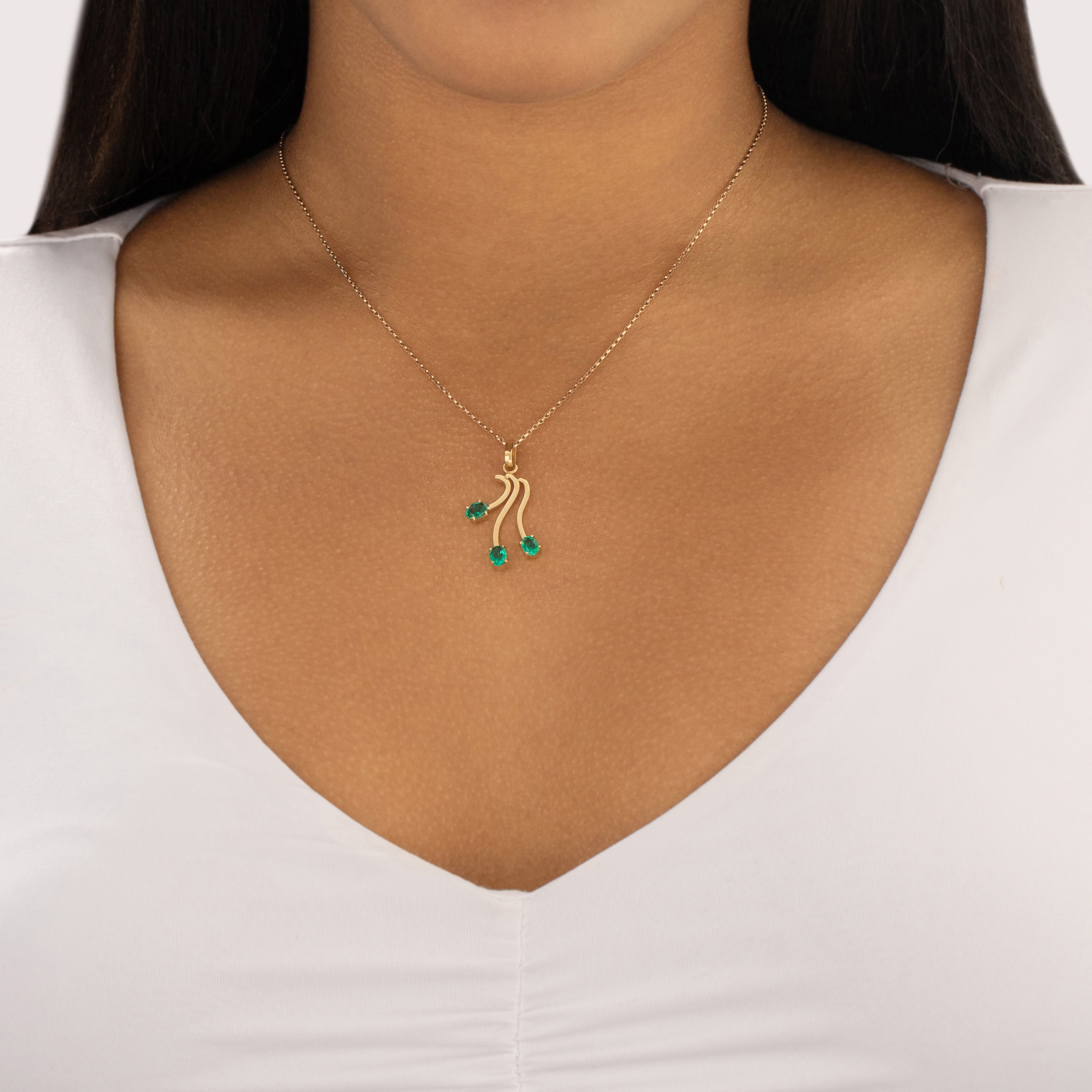 Vintage 18k Yellow Gold .73cttw Emerald Flowing Artistic Tendril Pendant - On model view