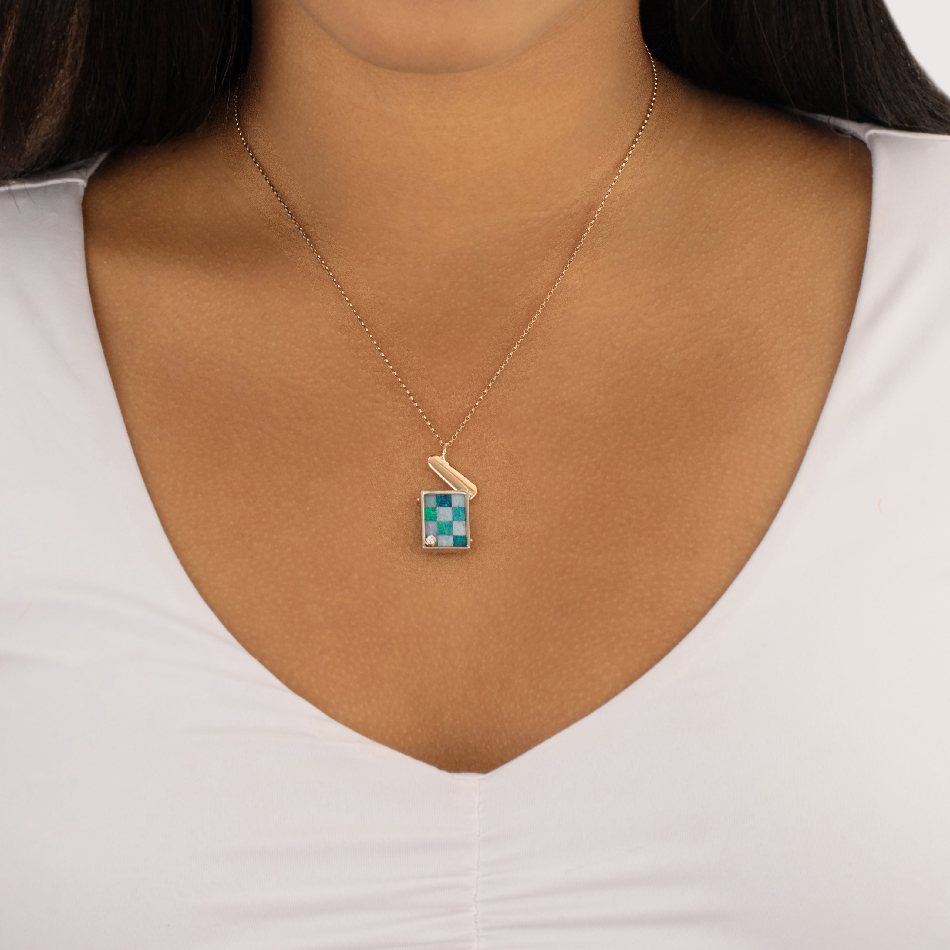 Vintage 14k & 18k Yellow Gold Blue & White Opal Doublet Diamond Dynamic Glittering Checkerboard Pendant - On model view