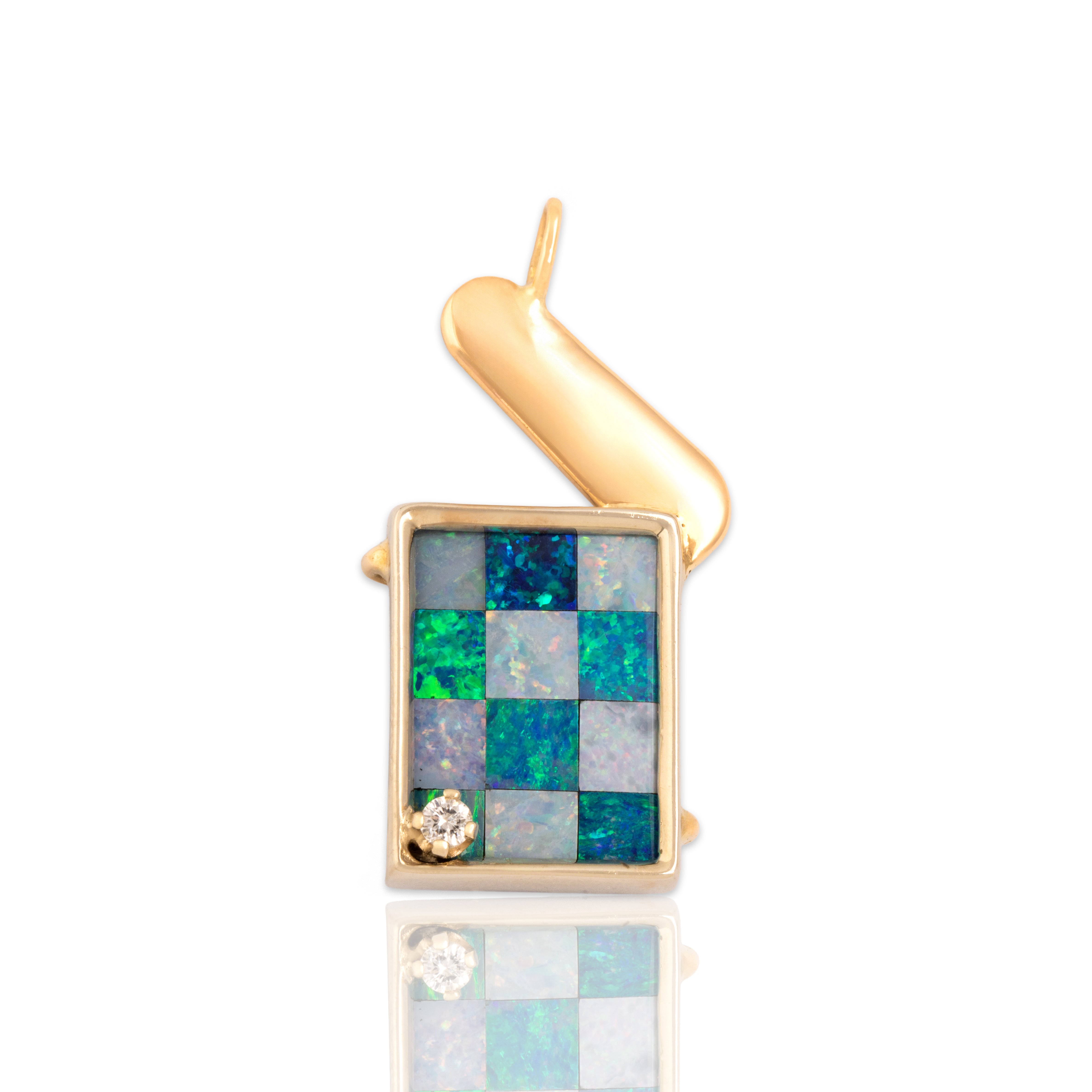 Vintage 14k & 18k Yellow Gold Blue & White Opal Doublet Diamond Dynamic Glittering Checkerboard Pendant - Close-up view