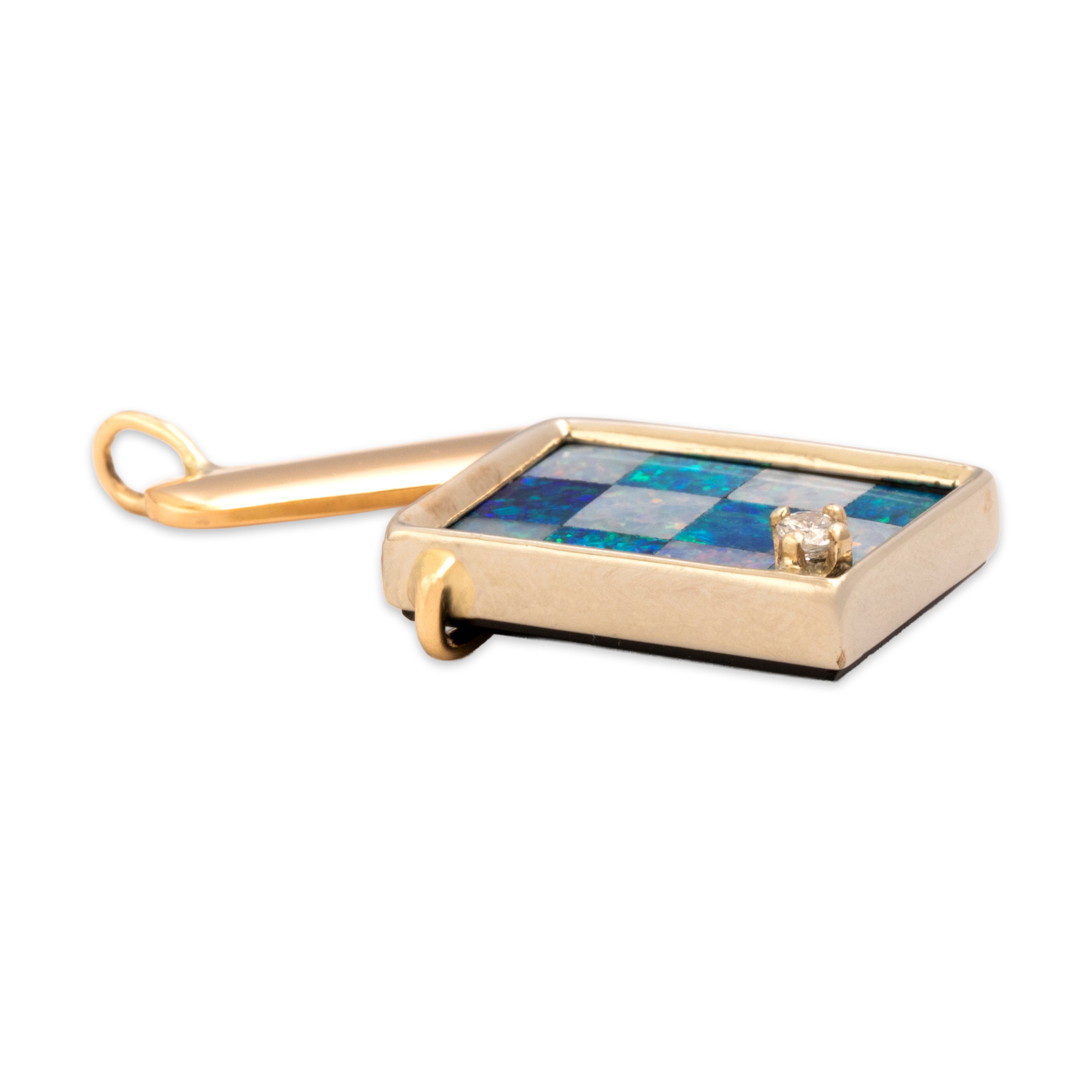 Vintage 14k & 18k Yellow Gold Blue & White Opal Doublet Diamond Dynamic Glittering Checkerboard Pendant - Side view